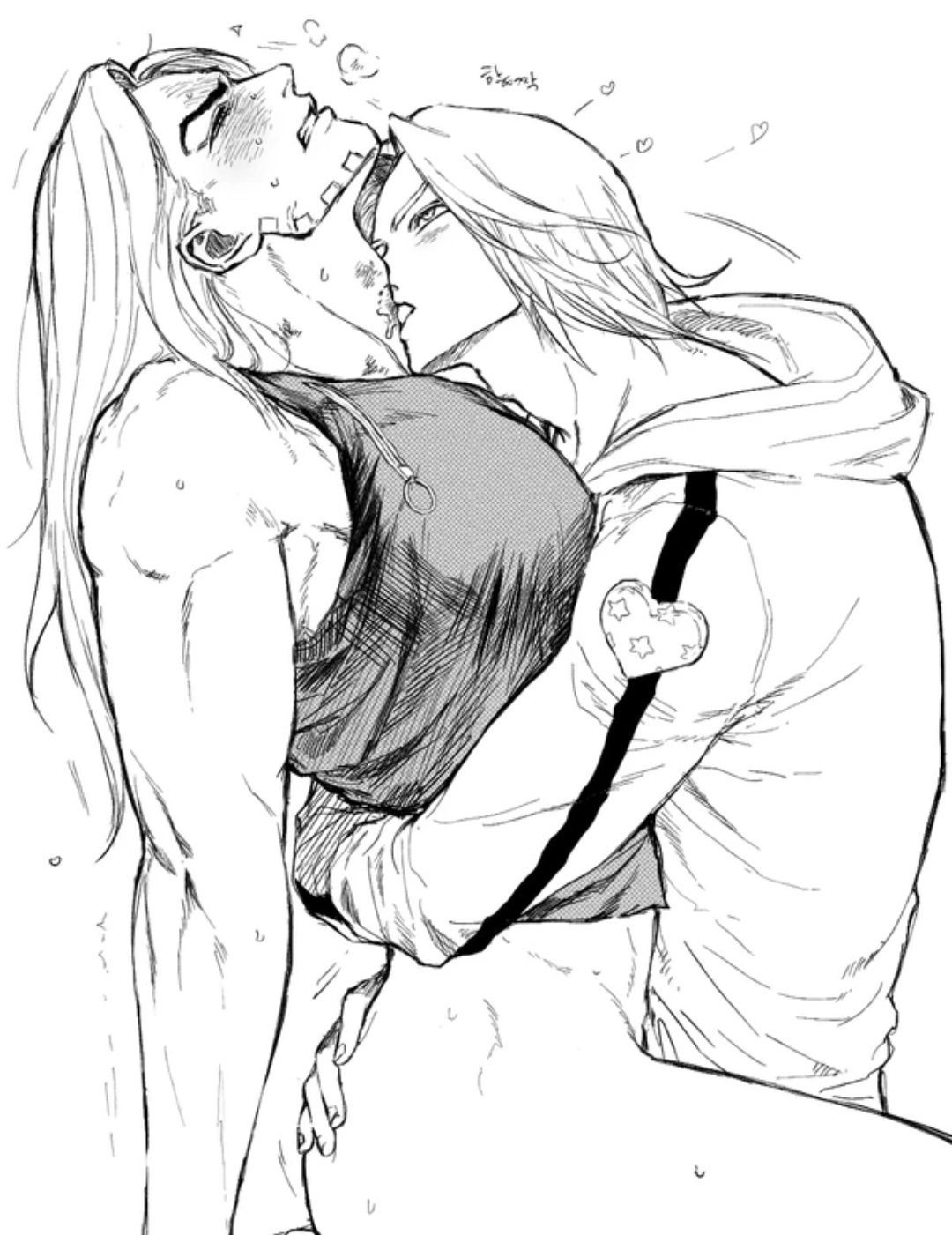 2boys, big bottom small top, big breasts, blush, breasts, feminine faced male, gay, gyro zeppeli, hickey, johnny joestar, jojo's bizarre adventure, long hair, male, male only, male/male, muscular, sex, sketch, steel ball run, tank top, yaoi