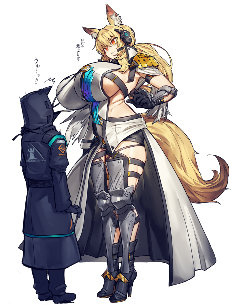 arknights armor big_breasts blonde_hair curvy doctor_(arknights) headphones height_difference high_heels horse_ears horse_girl horse_tail huge_breasts long_hair looking_down mature_female melon22 muscular muscular_female nearl_(arknights) nearl_the_radiant_knight_(arknights) pale-skinned_female pale_skin ponytail surprised taller_female taller_girl thick_thighs thighhighs wide_hips