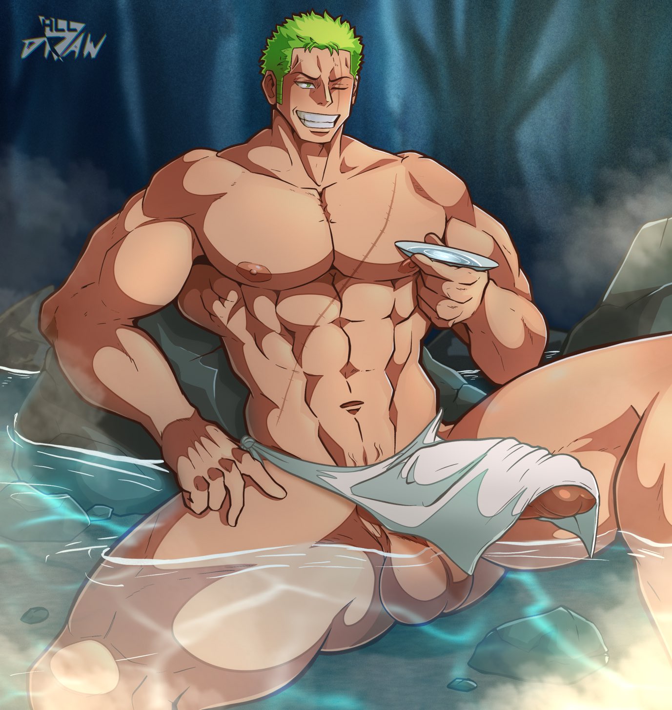 1boy, all draw, balls, bara, big balls, big biceps, boner, erect penis, erection, erection under towel, green hair, hard on, huge balls, male, male only, muscles, muscular, muscular male, one piece, outside, penis, roronoa zoro, scars, thick thighs, wink, winking