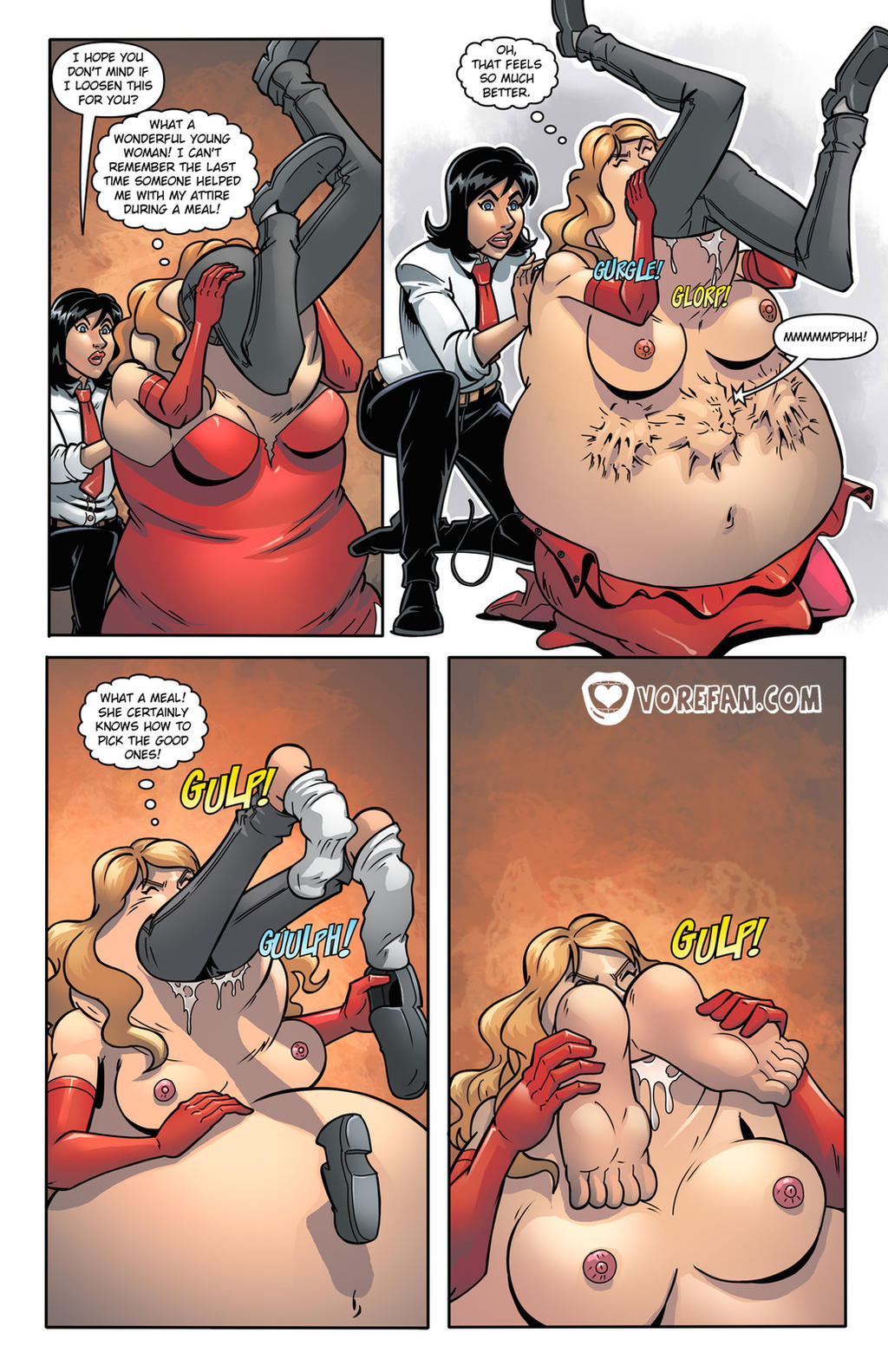 belly big_belly breasts clothing comic dress english_text female huge_belly large_breasts nipples oral_vore same_size_vore speech_bubble text thought_bubble vore vore-fan-comics