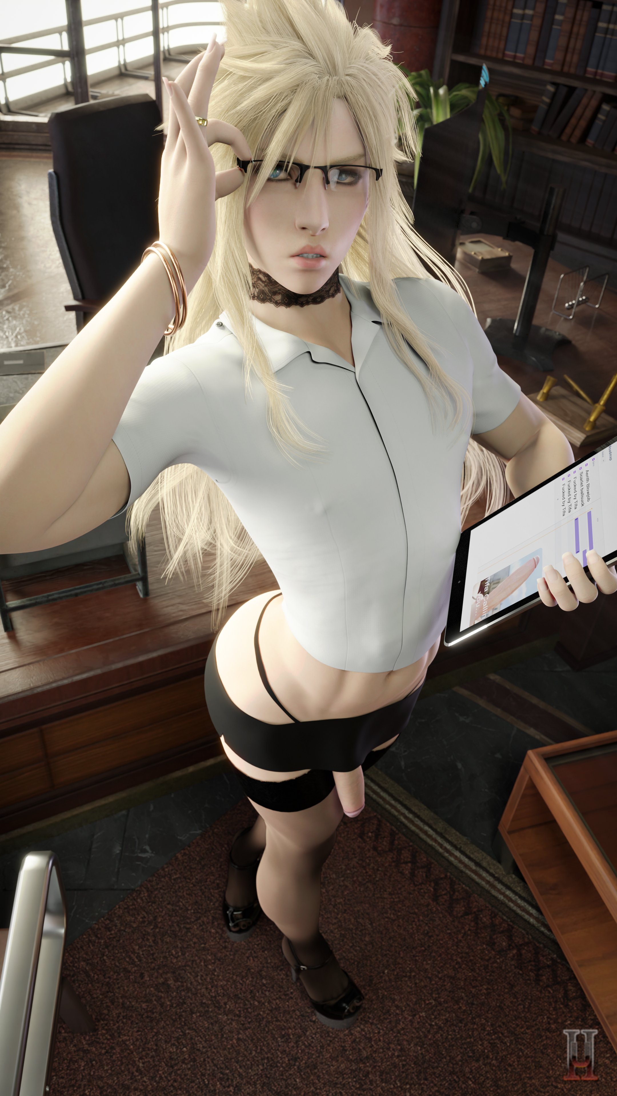 1boy, 3d, cloud strife, crossdressing, female, femboy, final fantasy, final fantasy vii, girly, glasses, looking at viewer, male, male only, microskirt, miniskirt, office clothing, office lady, penis, penis out, secretary, skimpy, skimpy clothes, solo, solo male, standing, thong straps, trap, unnero1, whale tail