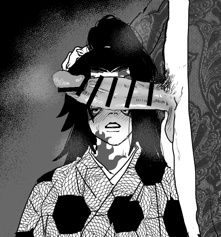 2boys, bar censor, big penis, blush, censored, demon, demon boy, demon slayer, erection, facial markings, gay, hand on another's head, japanese clothes, kimetsu no yaiba, kimono, kokushibo, looking at penis, male, male only, michikatsu tsugikuni, monochrome, multi eye, muzan kibutsuji, open clothes, open kimono, penis, penis awe, penis over eyes, sweat, yaoi