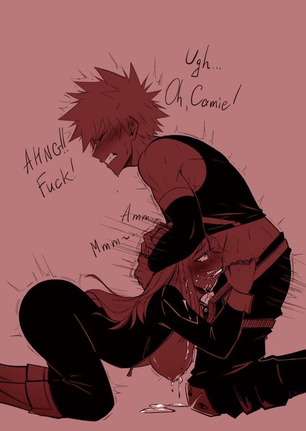 1boy, 1girls, all the way to the base, anush, ass, big ass, big breasts, blonde hair, blowjob, blush, bodysuit, boku no hero academia, breasts, camie utsushimi, cum, cum in mouth, cum in throat, cum on breasts, cum on face, cumming, deepthroat, dialogue, english text, female, forced, forced oral, hero outfit (mha), hourglass figure, irrumatio, katsuki bakugou, long hair, male, muscular, muscular male, my hero academia, partially colored, spiky hair, text, tight clothing