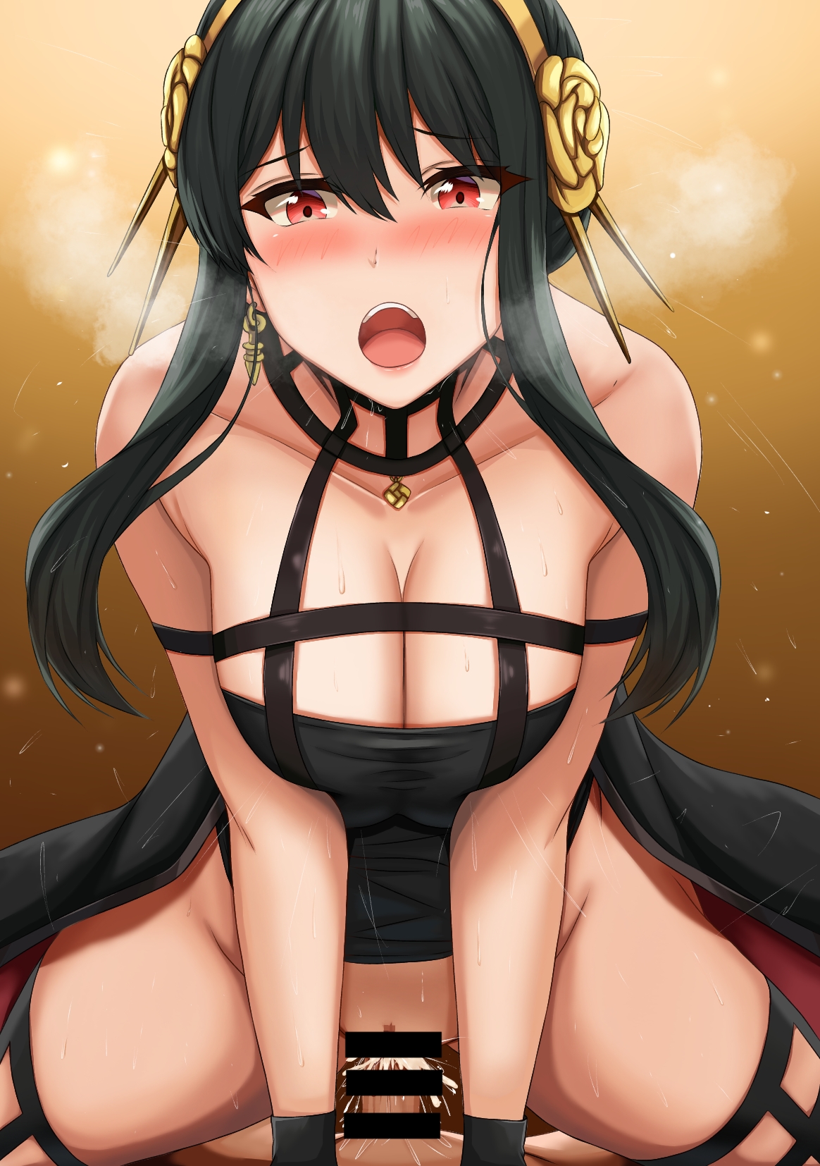 1boy, 1girls, assassin, big breasts, black hair, blush, breasts, censor bar, censored, clapping cheeks, clothed sex, clothing, cowgirl position, cum, cum in pussy, cum inside, cum overflow, eye contact, female, female focus, female human, female on top, girl on top, human, large breasts, light skin, light-skinned female, looking at viewer, male, male penetrating, mature female, pale skin, pale-skinned female, penetration, penis, pussy, red eyes, sex, shokan (pixiv61462319), slim waist, spread legs, spy x family, straddling, thick thighs, thorn princess, vaginal penetration, vaginal sex, wide hips, yor briar, yor forger