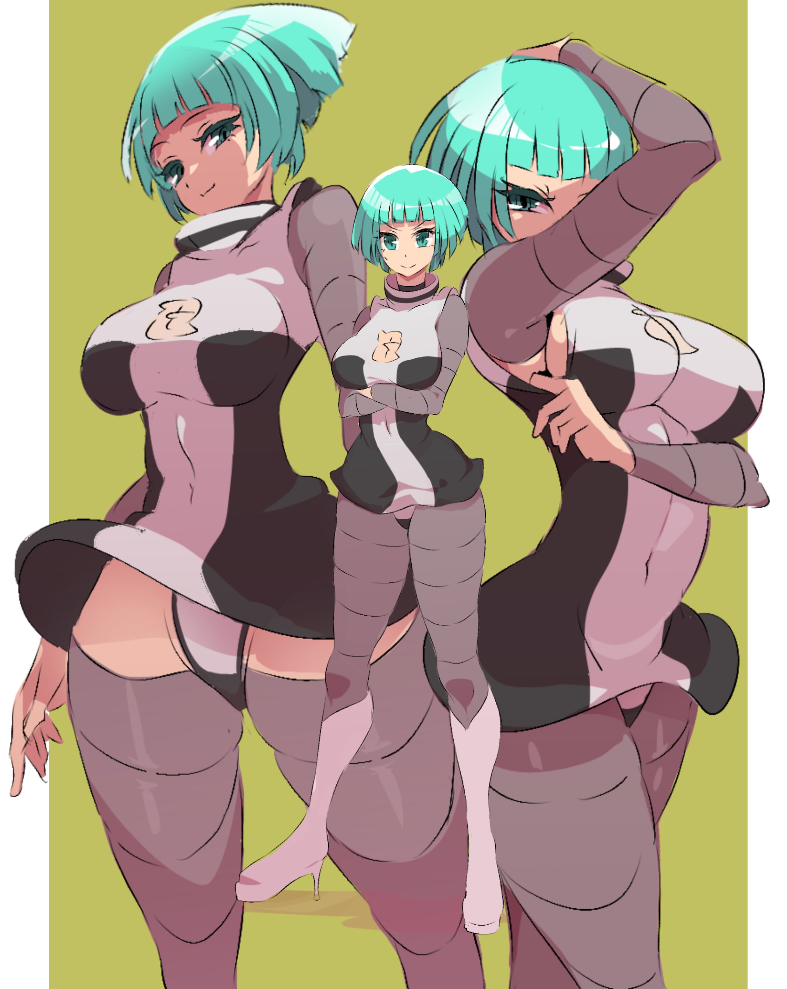 1girls, absurd res, alternate breast size, aqua eyes, aqua hair, bob cut, border, breasts, clothing, covered navel, female, female galactic grunt, female only, female team galactic grunt, green background, hi res, large breasts, nac000, nintendo, pokemon, pokemon dppt, short hair, skirt, solo, solo female, team galactic, team galactic grunt, team galactic grunt (female), thick thighs, thighhighs, thighs, thong, white border