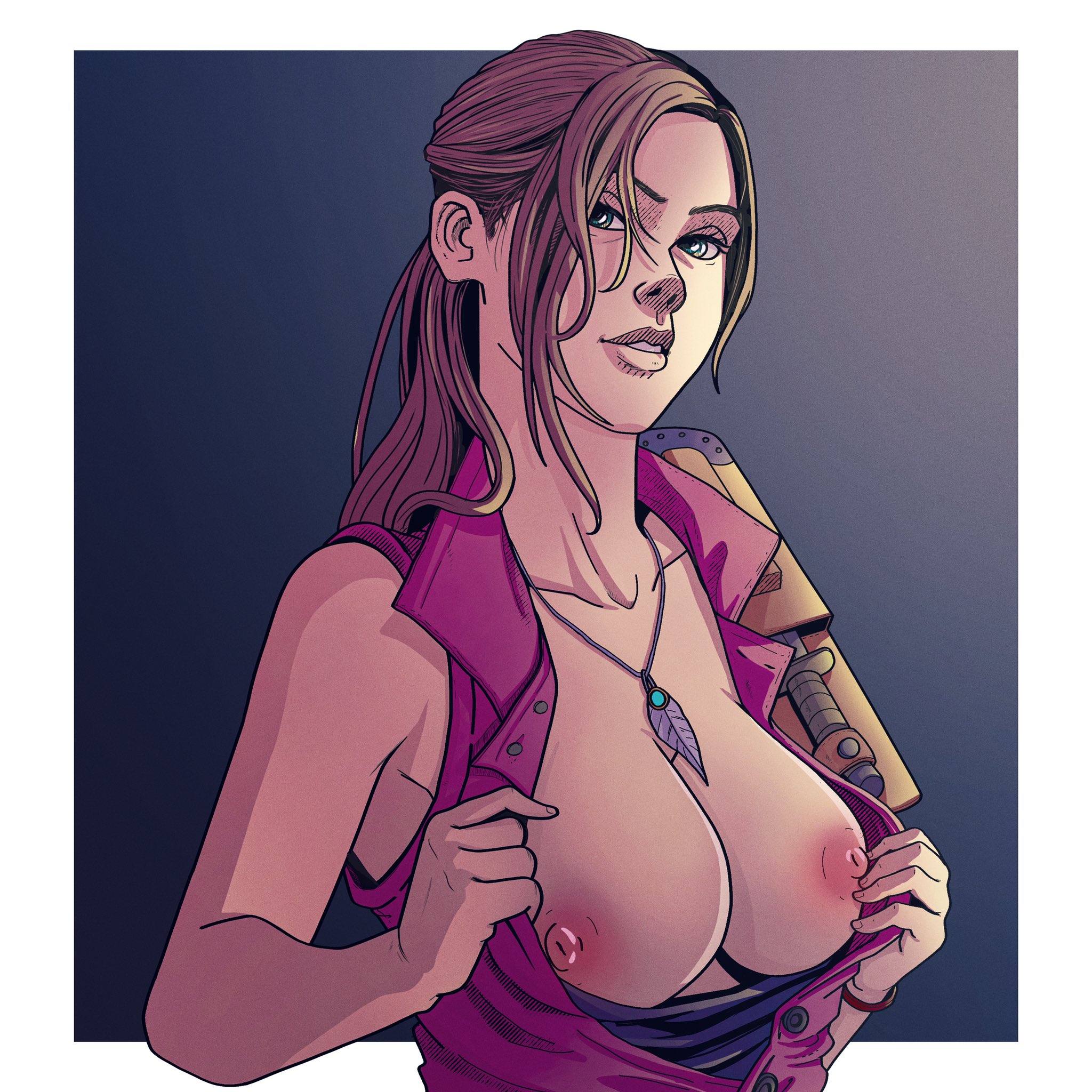 1girls, big breasts, blue eyes, breasts, brown hair, busty, capcom, claire redfield, female, female focus, female only, front view, hourglass figure, ponytail, resident evil, resident evil 2, resident evil 2 remake, solo, theartiel, wide hips