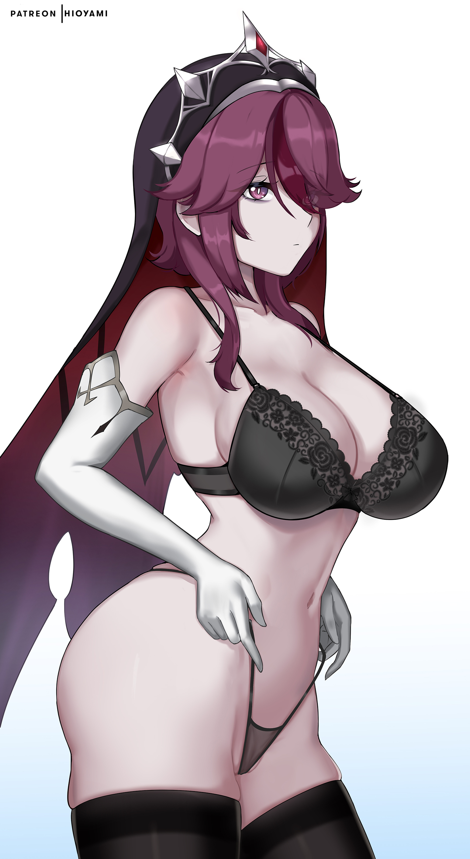 1girls, 2022, black bra, black panties, bra, breasts, cleavage, female, female only, genshin impact, hair over one eye, hi res, highlights, hioyami, hips, huge breasts, light skin, light-skinned female, nun, nun's habit, pale skin, pale-skinned female, panties, purple eyes, purple hair, red highlights, rosaria (genshin impact), skindentation, slim waist, thick thighs, thighhighs, thighs, wide hips