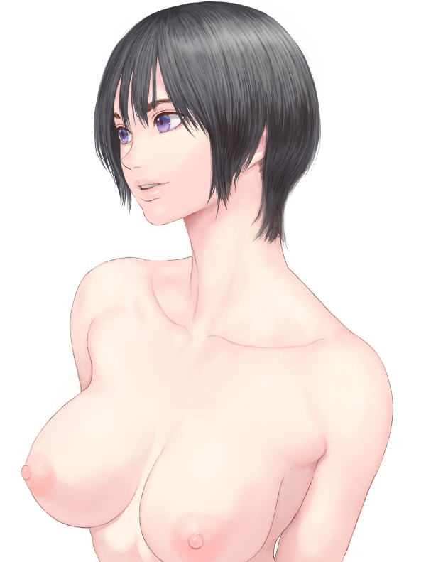 black_hair breasts collarbone female female large_breasts nipples original parted_lips purple_eyes short_hair shu-mai simple_background smile solo upper_body white_background