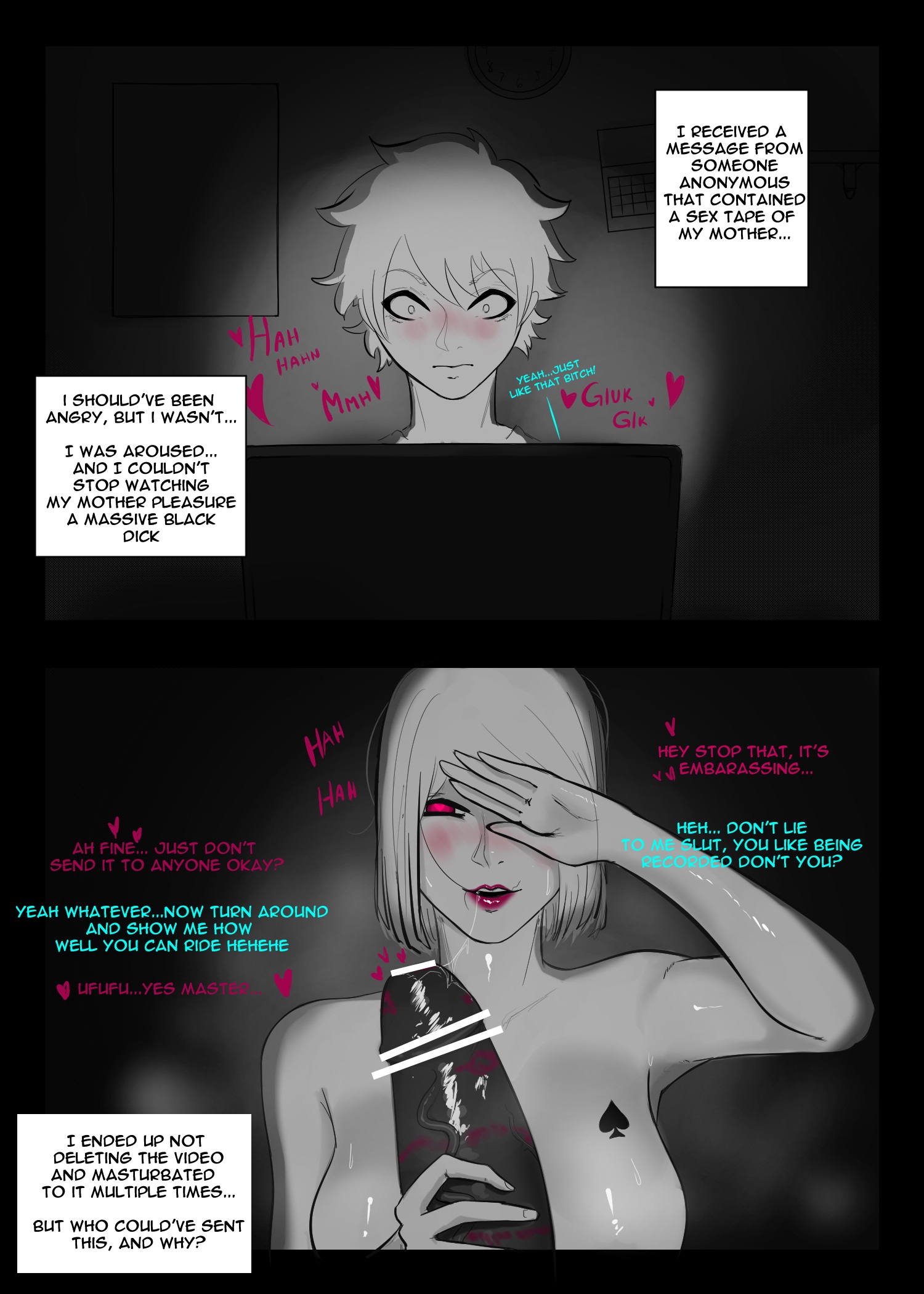 1girls, 2boys, 2d, 2d (artwork), bar censor, bisexual, black and white, breasts, bully, censor bar, censored, cheating, cheating mother, cock worship, comic, comic page, cuckold, dark skin, dark-skinned male, dominant male, female, feminization, femsub, gelatomusume, heart-shaped pupils, interracial, light skin, lipstick mark, lipstick on penis, male, maledom, malesub, mature female, mmf threesome, mother, mother and son, motherly cuckold, penis, penis size difference, pubic hair in mouth, queen of spades, sex tape, shorter male, sissification, sissy, size difference, small penis humiliation, stray pubic hair, submissive female, submissive male, taller male, tattoo on breasts, threesome, twink