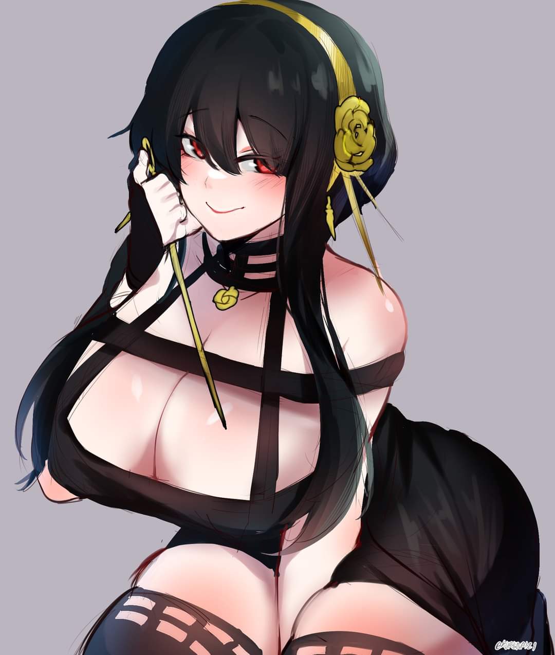 1girls, assassin, black hair, breasts, cleavage, female, female only, hi res, huge breasts, kurenaiz1, large breasts, looking at viewer, red eyes, smile, solo, spy x family, stiletto (weapon), thighs, thorn princess, yor briar, yor forger