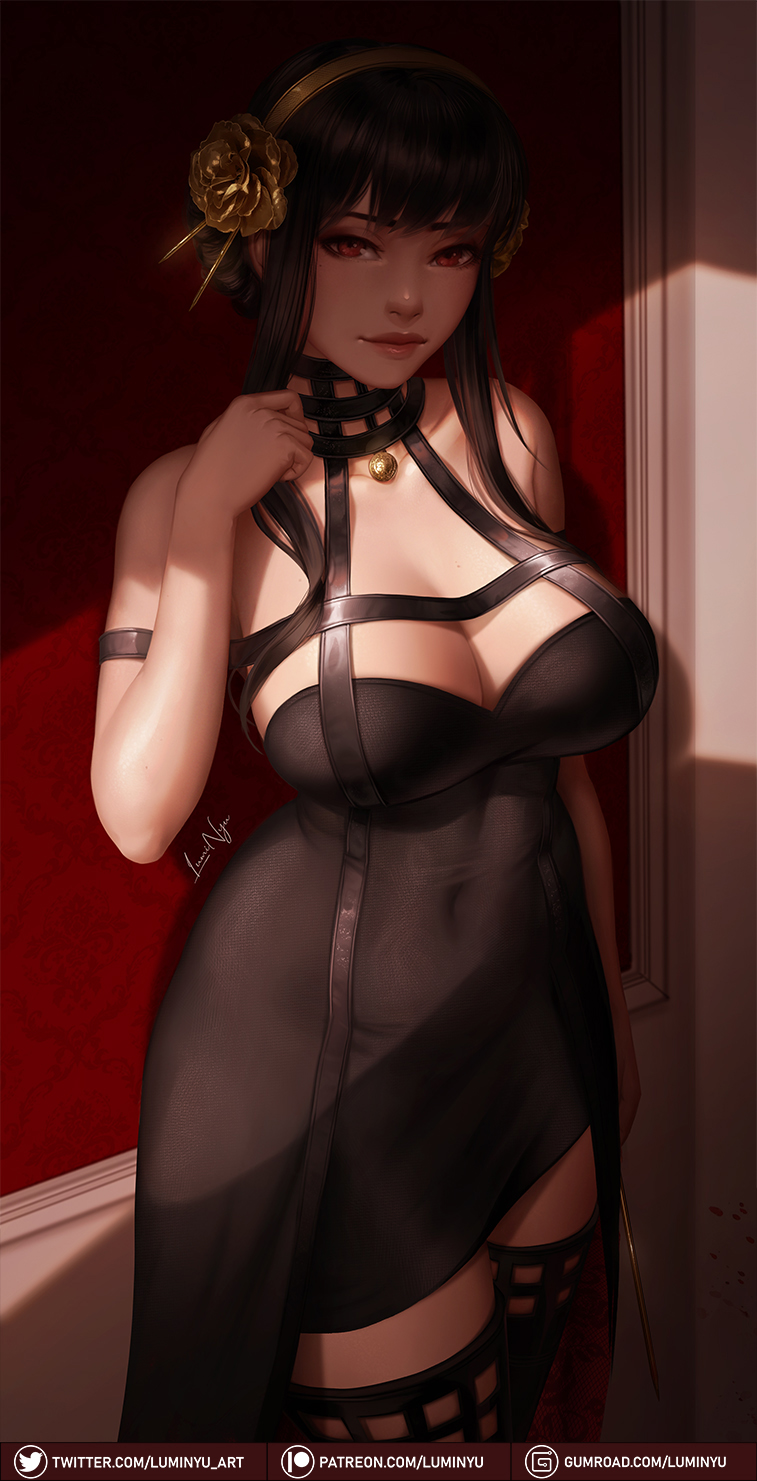 1girls, absolute territory, assassin, bare arms, bare shoulders, big breasts, black dress, black hair, blood, breasts, choker, cleavage, cleavage cutout, curvaceous, curvy, curvy body, curvy female, curvy figure, dress, female, female focus, female human, female only, full lips, gold, gold hairband, hair ornament, hairband, hartman hips, hips, hourglass figure, huge breasts, human, long hair, looking at viewer, luminyu, makeup, mature female, navel, necklace, red eyes, solo, solo female, solo focus, spy x family, stiletto (weapon), thick thighs, thigh boots, thighhighs, thighs, thorn princess, tights, variant set, very long hair, white skin, yor briar, yor forger