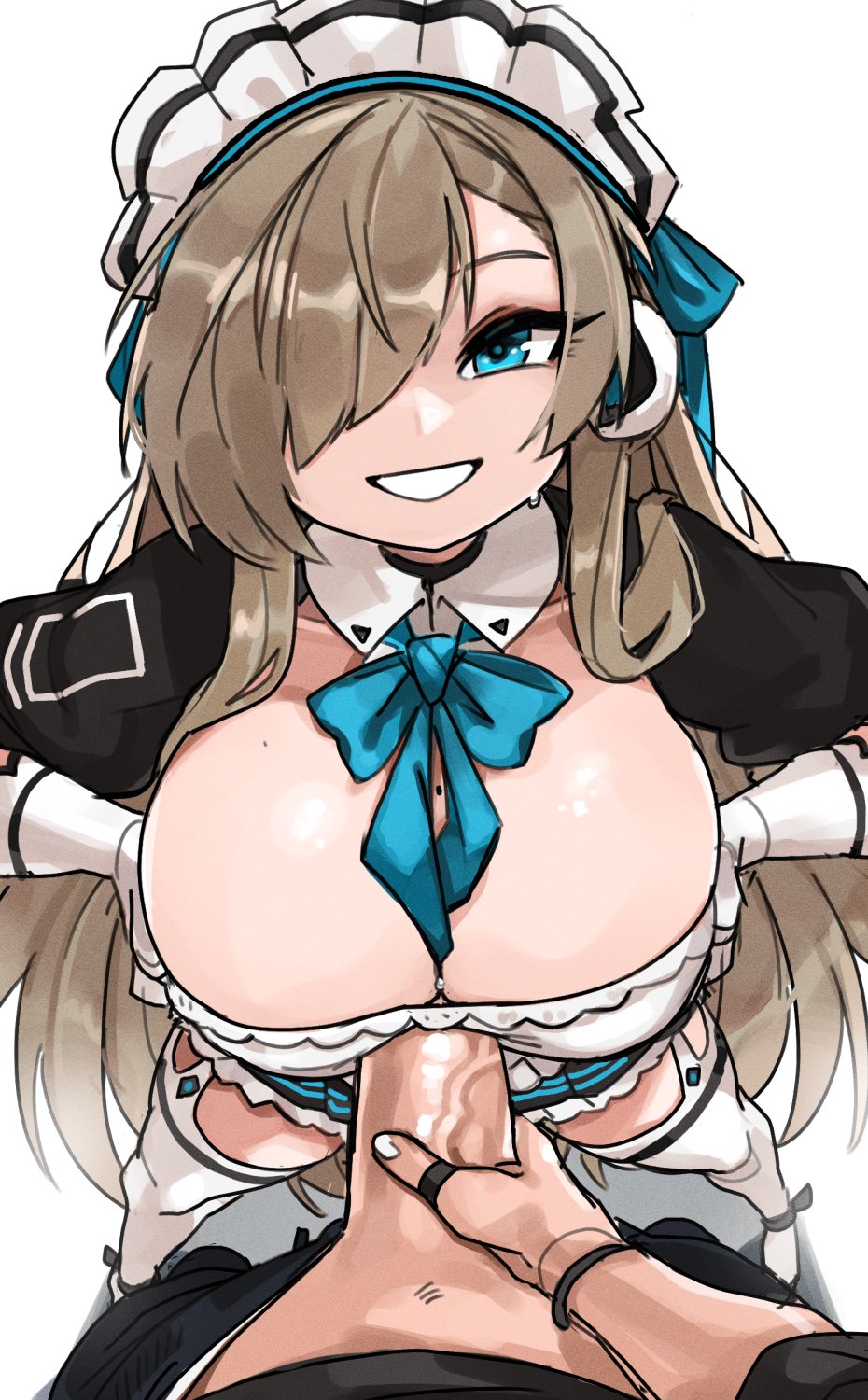 1boy, 1girls, 2022, asuna (blue archive), blonde hair, blue archive, blue eyes, breasts, cleaning & clearing (blue archive), cleavage, female, hair over one eye, height difference, huge breasts, huge cock, long hair, looking at viewer, maid, maid headdress, maid outfit, male, male pov, millennium science school student, paizuri, penis, pov, shorter female, size difference, smile, taller male, titjob, very long hair, zanamaoria
