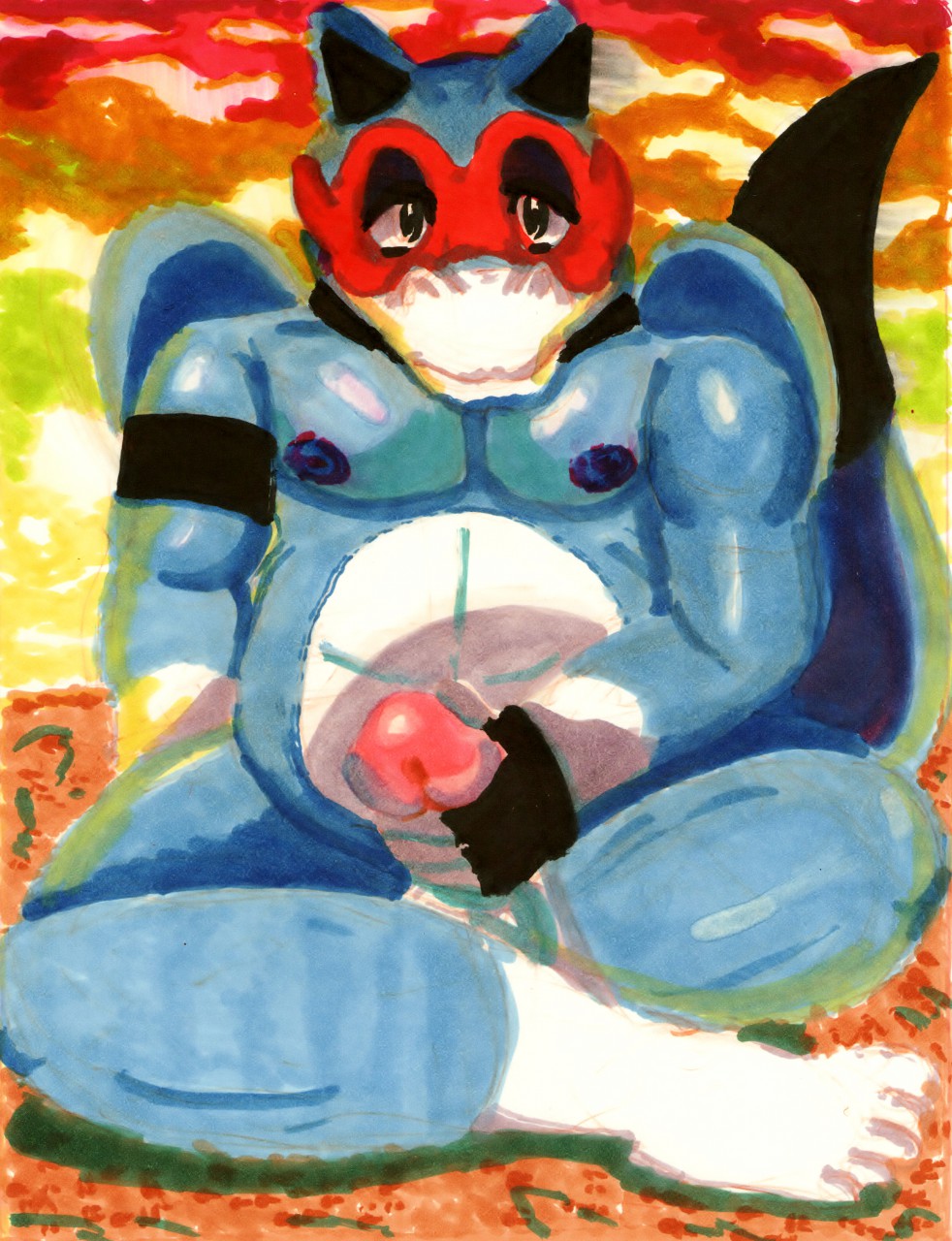 2020 amor_azucar anthro blue_body crossed_legs dipstick_tail dragon full_frontal_frog genitals hi_res humanoid_genitalia humanoid_penis joe_(oh_so_hero!) male marker_(artwork) markings mask masturbation membrane_(anatomy) membranous_wings multicolored_body nipples oh_so_hero! overweight overweight_male penile penile_masturbation penis plantigrade prick_ears sitting slightly_chubby small_wings solo sunset tail_markings traditional_media_(artwork) two_tone_body white_body wings