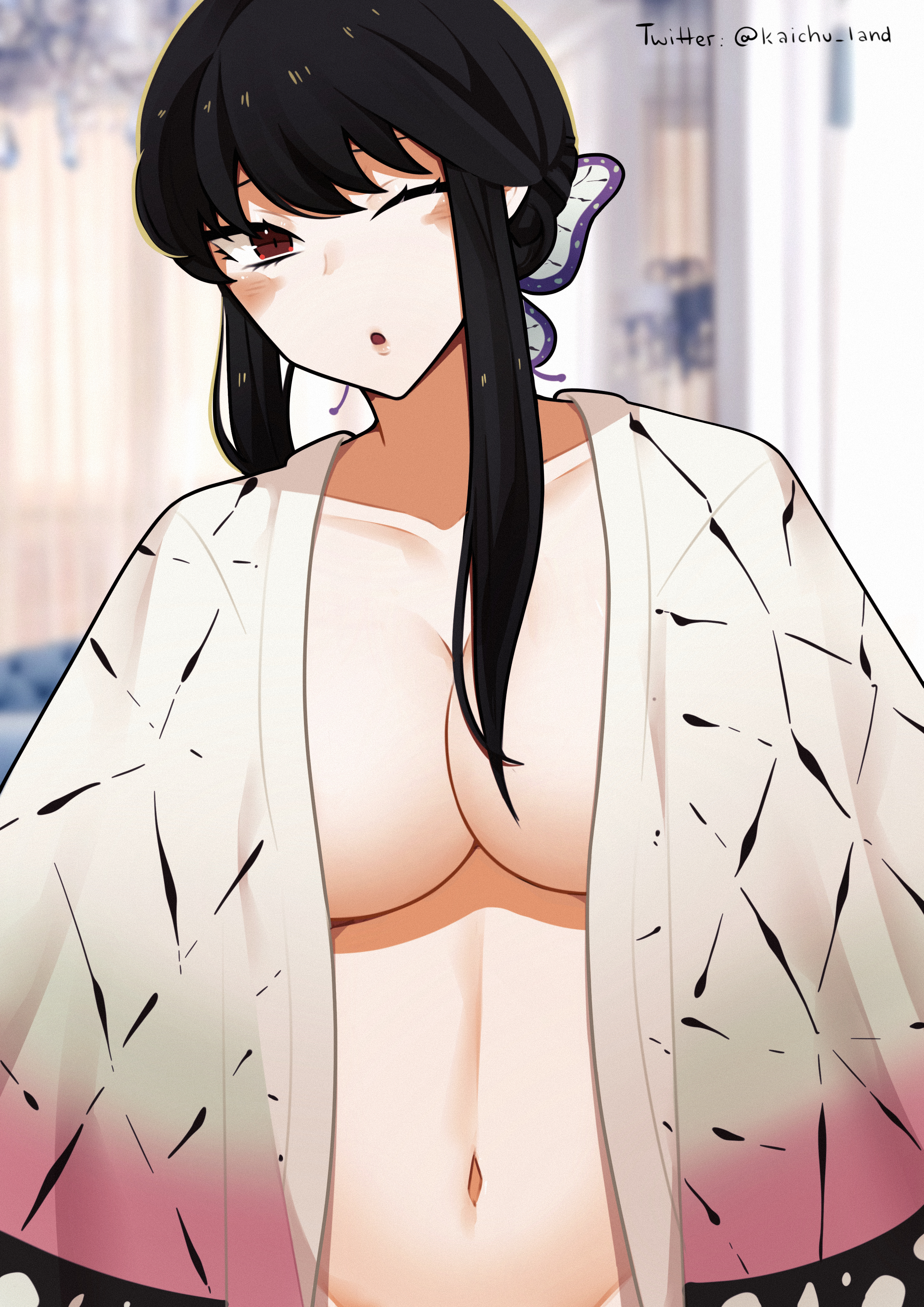 1girls, big breasts, black hair, breasts, cosplay, demon slayer, female, female focus, female only, kaichu-land, kimetsu no yaiba, kochou shinobu (cosplay), light skin, light-skinned female, long hair, one eye closed, red eyes, solo, spy x family, standing, upper body, voice actor connection, yor briar