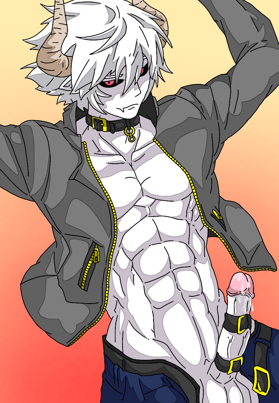 barely_clothed big_penis black_sclera collar cute_male demon demon_boy demon_horns dlitzo funamusea incubus kcalb male mr._hr muscles muscular open_jacket open_jeans presenting red_eyes revgelty sam seductive seductive_gaze seductive_look seductive_pose seductive_smile showing_off showing_penis smug_face smug_grin sole_male solo_male the_gray_garden toned_belly toned_body toned_male toned_stomach traced white_body white_hair white_skin