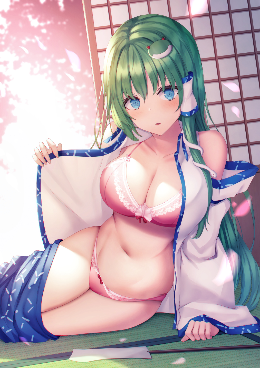 blue_eyes blush bow_panties bra breasts cleavage detached_sleeves green_hair hair_ornament large_breasts liya long_hair looking_at_viewer navel open_clothes open_shirt panties pink_bra pink_panties sanae_kochiya skirt skirt_down tagme thighs touhou undressing