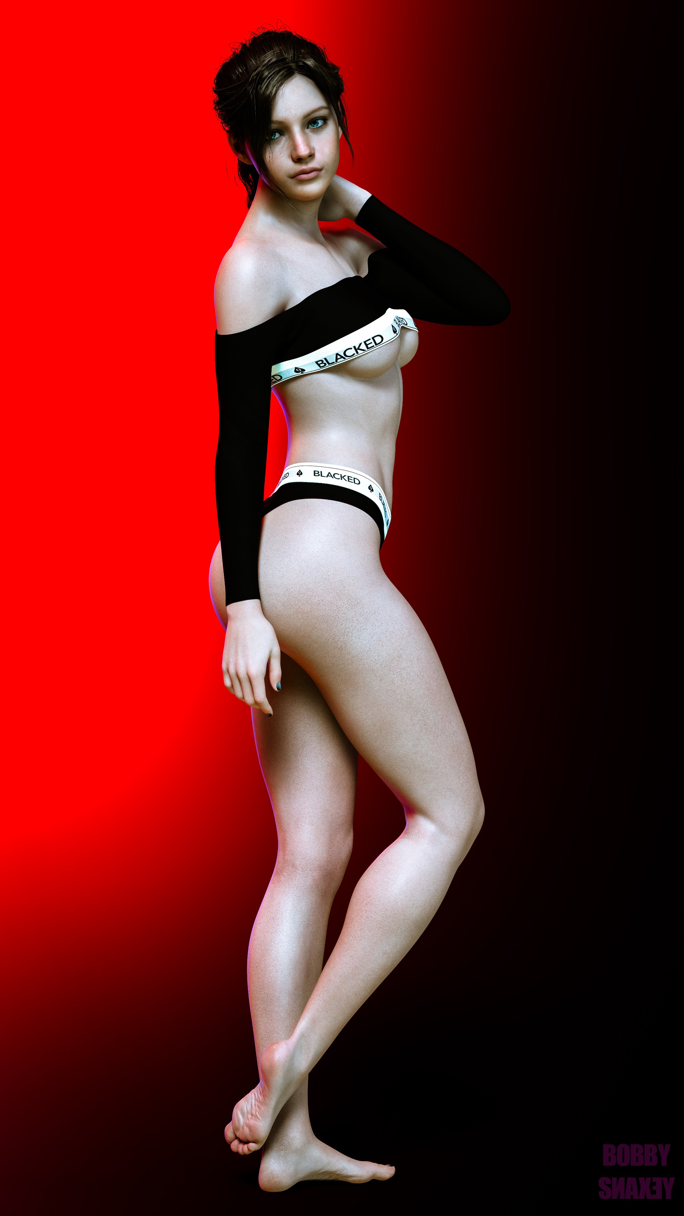 3d, breasts, brown hair, busty, capcom, claire redfield, claire redfield (jordan mcewen), crop top, female, female focus, female only, hourglass figure, long hair, panties, pinup, pinup pose, ponytail, pose, posing, resident evil, resident evil 2, resident evil 2 remake, skimpy, skimpy clothes, solo, tagme, underboob, underwear, wide hips
