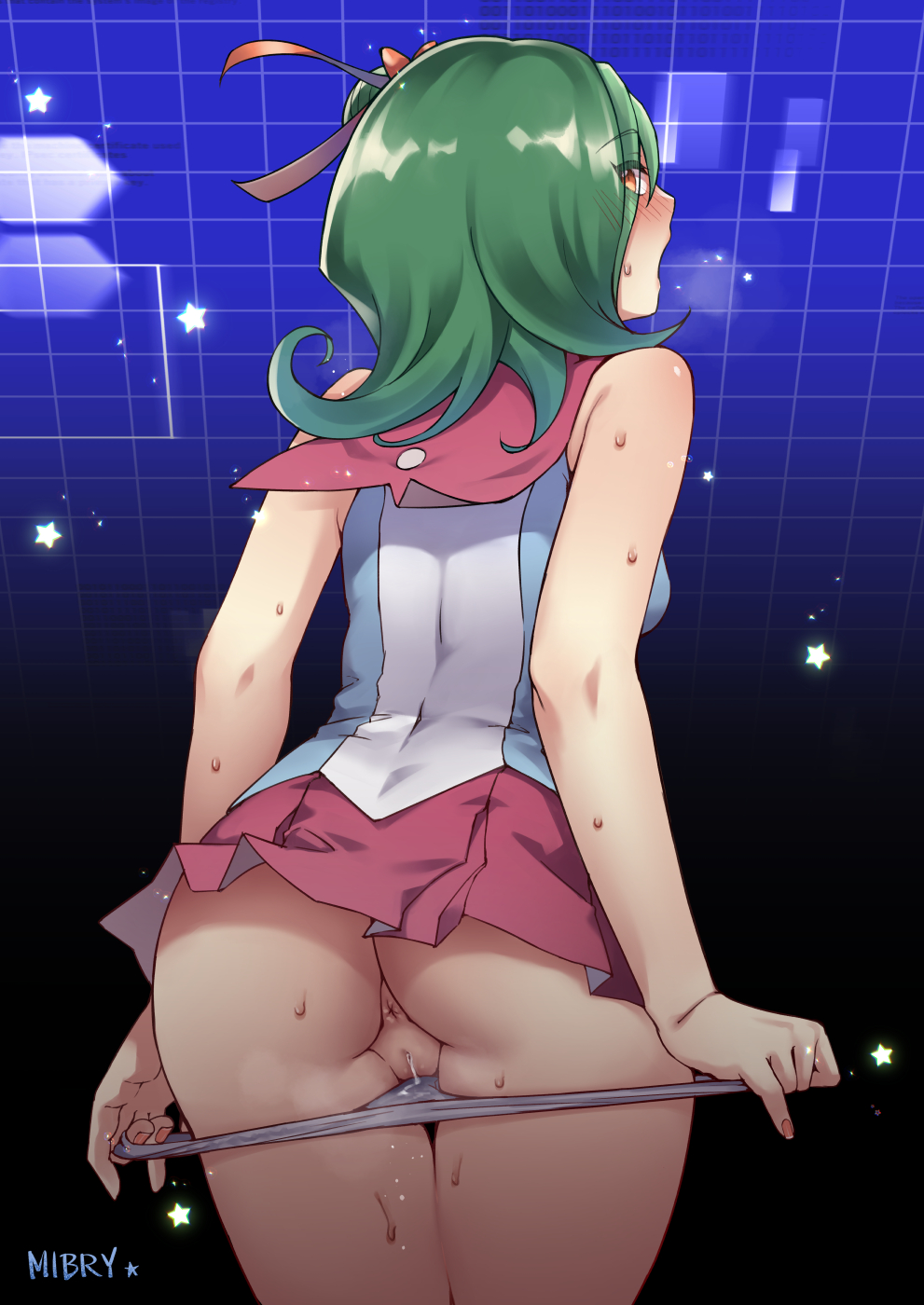 anus, ass, ass focus, blush, breasts, female, green hair, kotori mizuki, large ass, looking at viewer, medium hair, mibry (phrysm), miniskirt, moaning, open mouth, orange eyes, panties, panties down, pink nails, presenting hindquarters, pussy, pussy juice, pussy juice drip, red ribbon, school uniform, schoolgirl, skirt, skirt lift, small breasts, solo, sweat, thick thighs, thighs, tori meadows, uncensored, underwear, vulva, yu-gi-oh!, yu-gi-oh! zexal