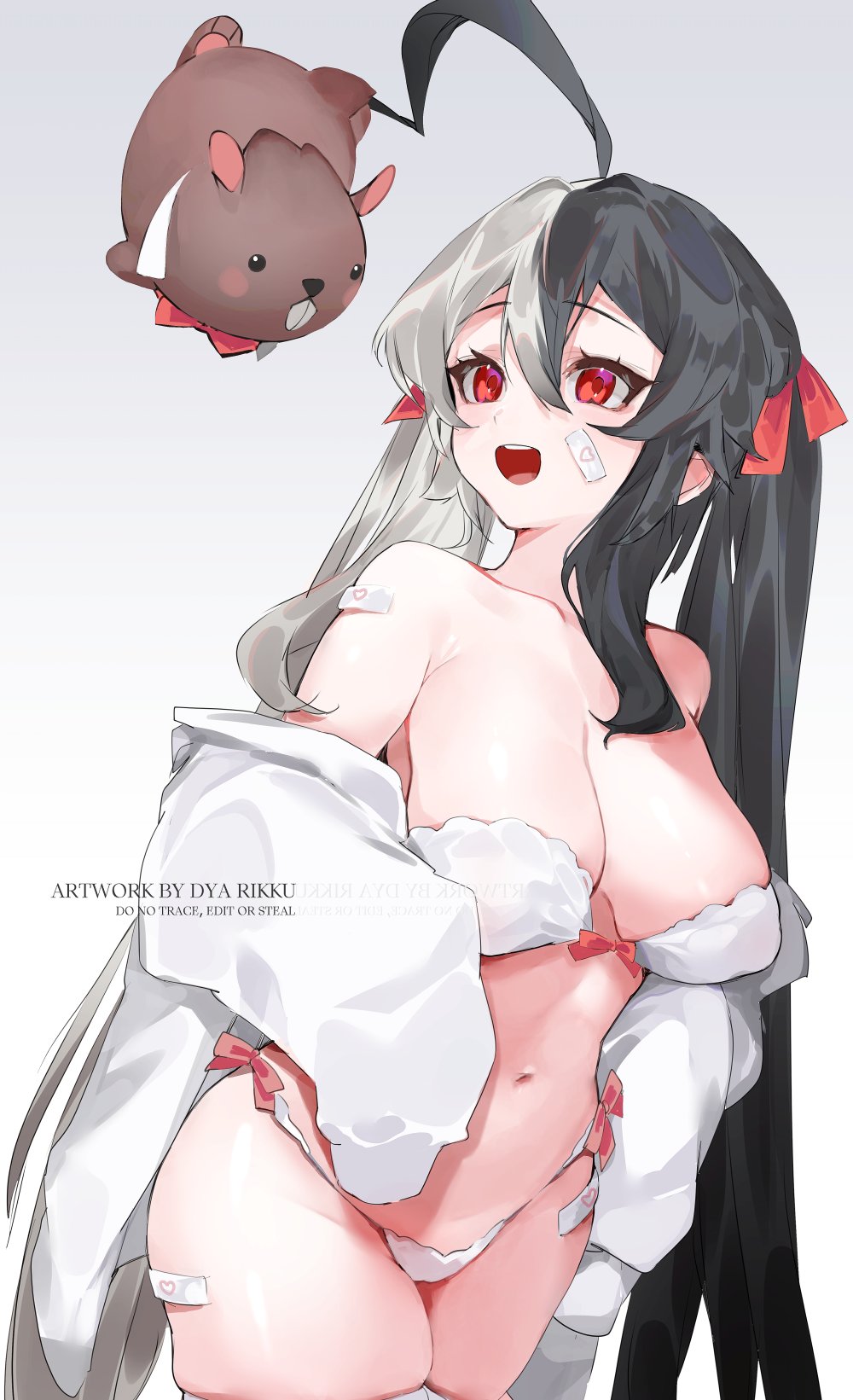 :d ahoge animal bandaid bandaid_on_arm bandaid_on_face bandaid_on_leg black_hair bra breasts cowboy_shot dya_rikku female gradient gradient_background grey_background grey_hair hair_between_eyes highres huge_ahoge indie_virtual_youtuber jacket large_breasts long_hair looking_at_another momote_(vtuber) momotexx_(vtuber) multicolored_hair navel off_shoulder open_mouth panties red_eyes skindentation sleeves_past_fingers sleeves_past_wrists smile split-color_hair symbol-only_commentary twintails two-tone_hair underwear virtual_youtuber vyugen watermark white_background white_bra white_panties