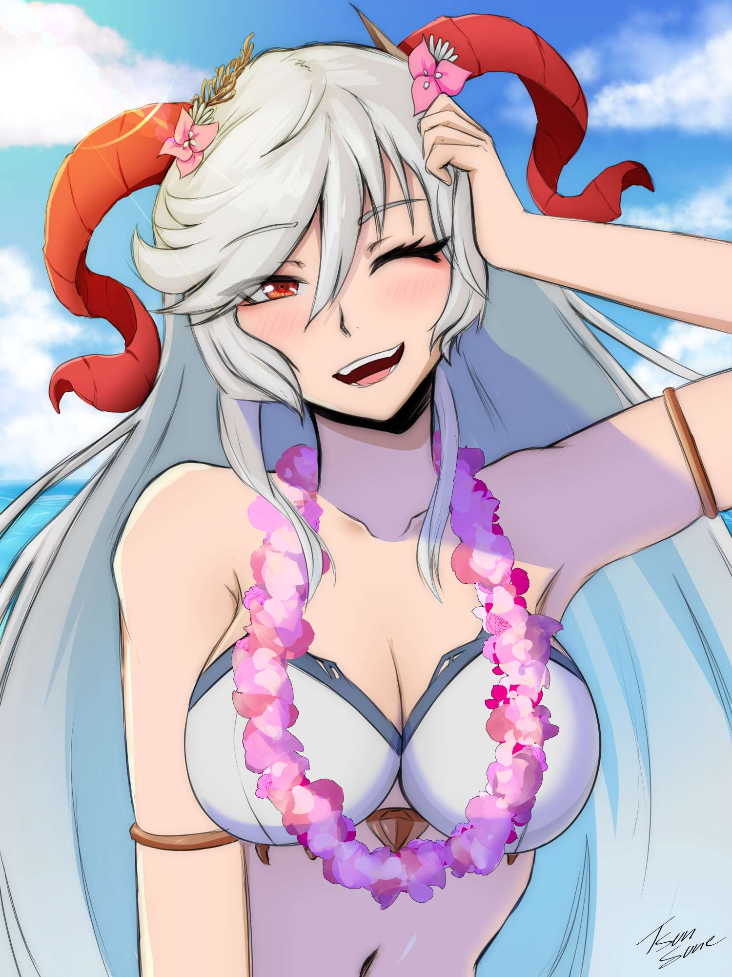 1girls, alternate costume, arm band, bare shoulders, bikini, bikini top, breasts, cleavage, cloud, clouds, female, female only, fire emblem, fire emblem heroes, flower necklace, freyja (fire emblem), hair ornament, horns, large breasts, long hair, looking at viewer, multicolored hair, nintendo, ocean, official alternate costume, outside, red eyes, sky, smile, solo, strapless bikini, swimsuit, tsunsune, very long hair, white bikini, white hair, white swimsuit