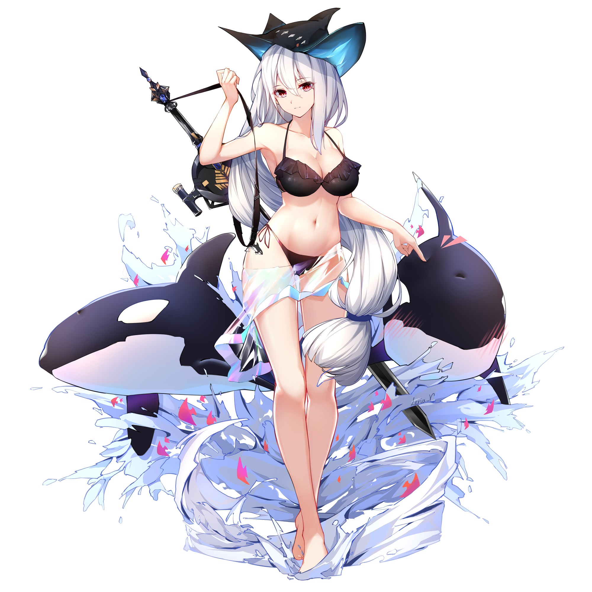 arknights, bangs, bare shoulders, barefoot, bikini, blush, breasts, cleavage, collarbone, eyebrows visible through hair, eyelashes visible through hair, female, female only, frilled bikini, frills, hair between eyes, leria v, looking at viewer, low-tied long hair, orca, red eyes, side-tie bikini, silver hair, simple background, skadi (arknights), string bikini, sword, very long hair, weapon, white background