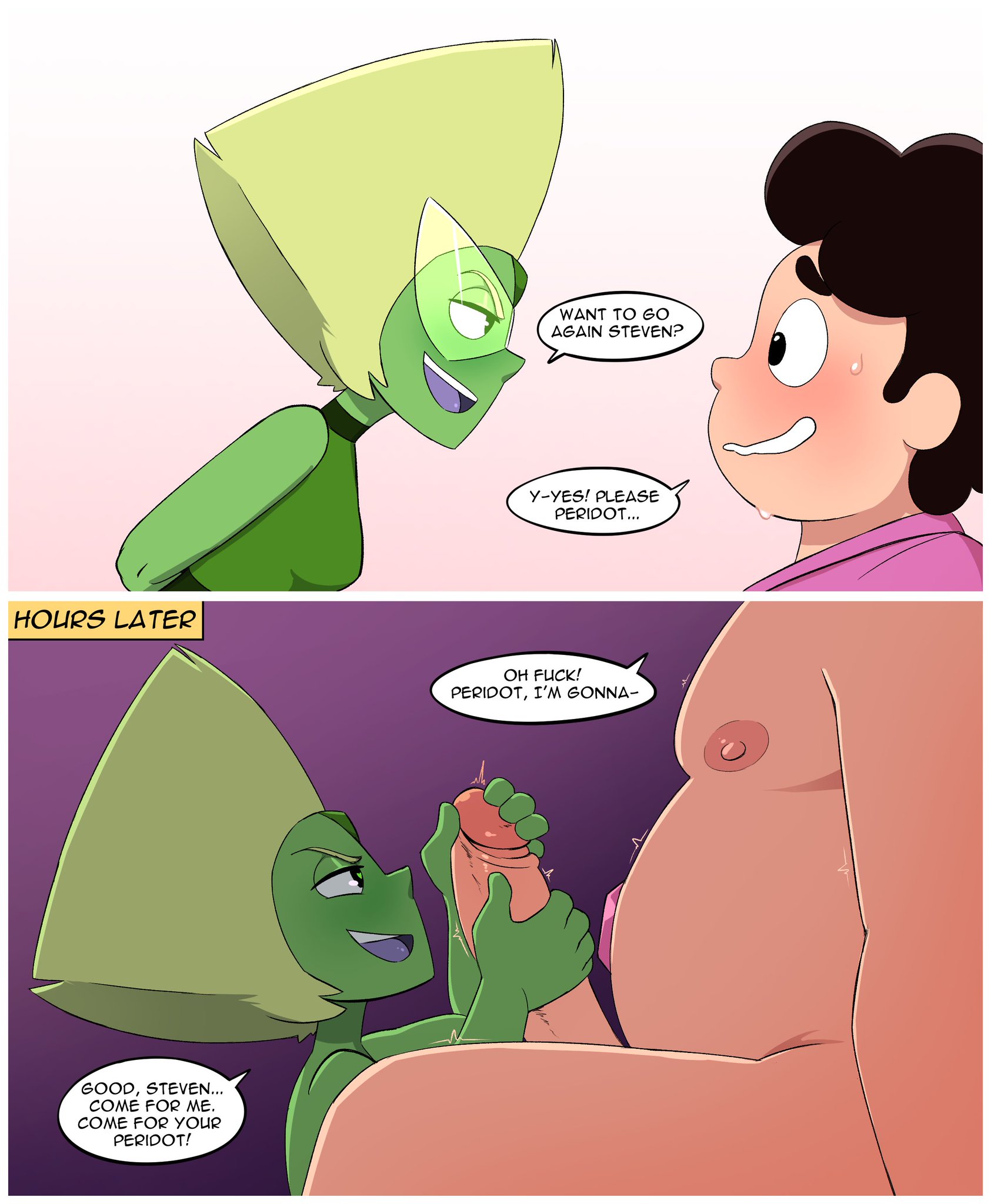 1boy, 1girls, 2022, adult, adult and teenager, age difference, alien girl, digitalkaiju, fat male, female, foreskin, gem, gem (species), glans, green skin, hi res, human, interspecies, job, looking at penis, male, male/female, older female, older female and younger male, penis, peridot (steven universe), retracted foreskin, steven quartz universe, steven universe, teenage male, teenager, text, uncircumcised, uncut, young, younger male
