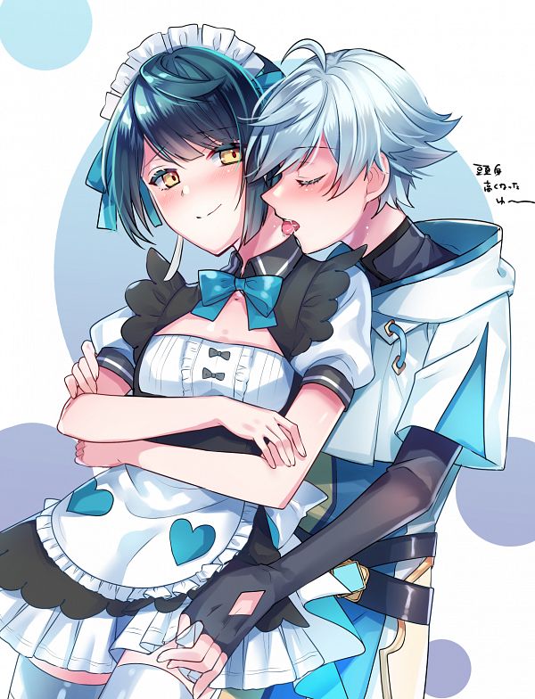 2boys, chongyun (genshin impact), femboy, gay, genshin impact, licking neck, maid uniform, male, male only, no visible genitalia, thighhighs, xingqiu (genshin impact), yaoi