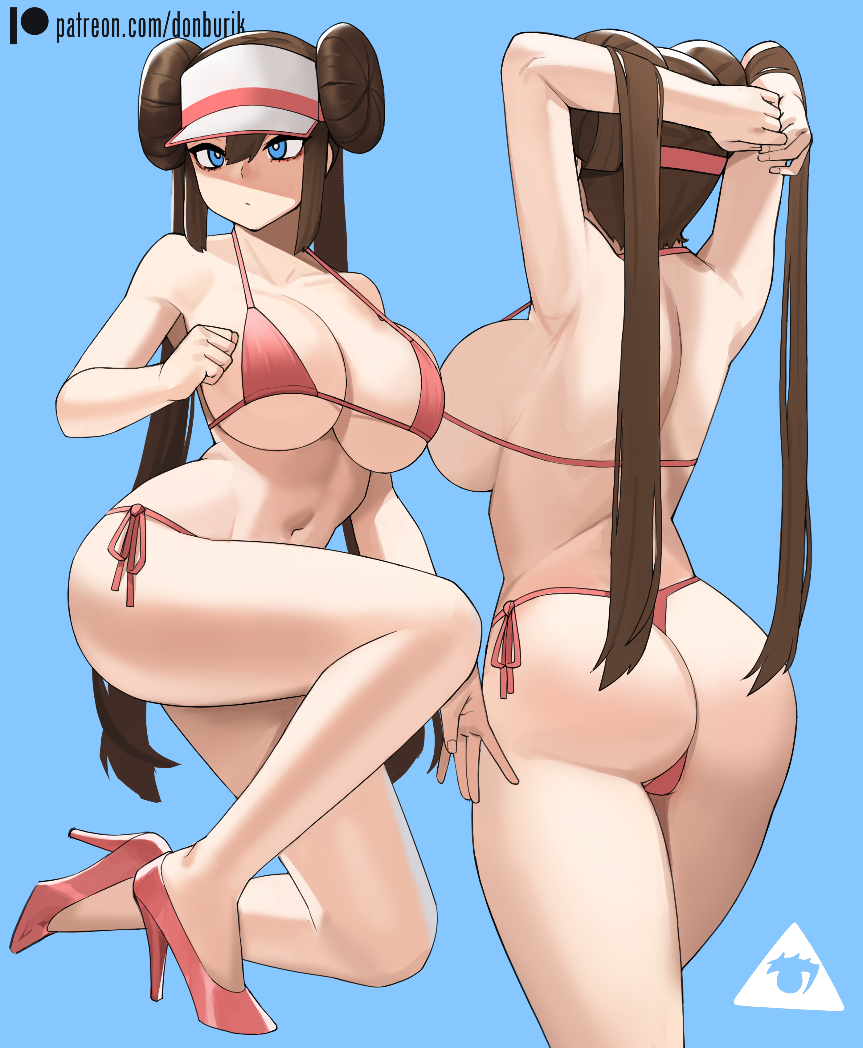 1girls, 2022, alternate breast size, artist signature, ass, back view, bikini, blue eyes, breasts, brown hair, brown-haired female, bubble ass, bubble butt, donburikazoku, female, female only, front view, hat, heels, hi res, hips, huge breasts, large ass, long hair, nintendo, pokemon, pokemon bw2, rosa (pokemon), simple background, slim waist, thick thighs, thighs, twin buns, twintails, visor, visor cap, white hat, wide hips