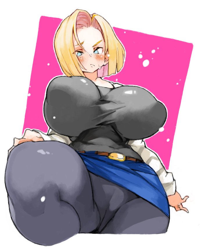 1girls android_18 blonde_female blonde_hair blue_eyes blush breasts dragon_ball dragon_ball_z female female_only huge_breasts sachito solo thick_thighs wide_hips