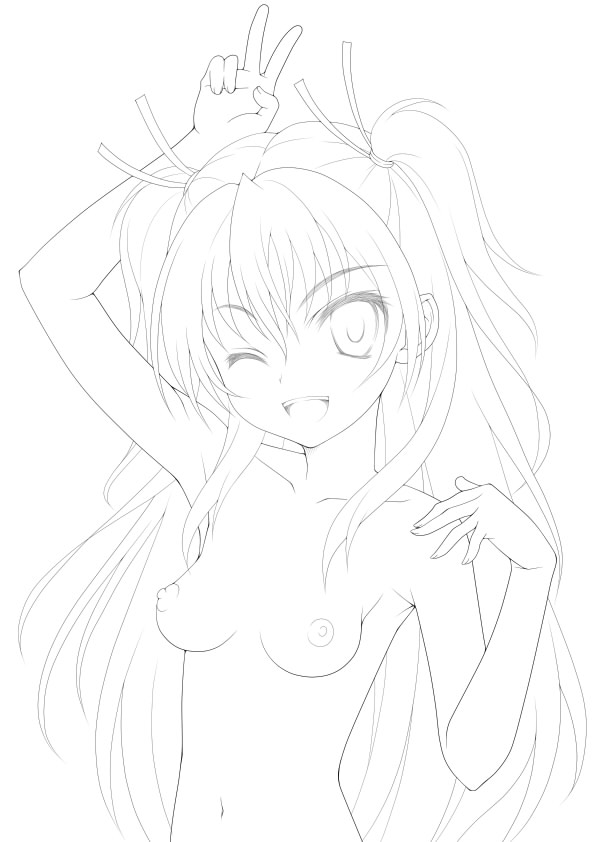 breasts cheerful eyebrows_visible_through_hair female hibiki_hojo houjou_hibiki kasanui line_art long_hair medium_breasts monochrome nude_female open_mouth petite precure pretty_cure slim_body slim_girl slim_torso small_breasts solo suite_precure teenage_girl teenager thin_arms thin_female twintails v vivacity wink