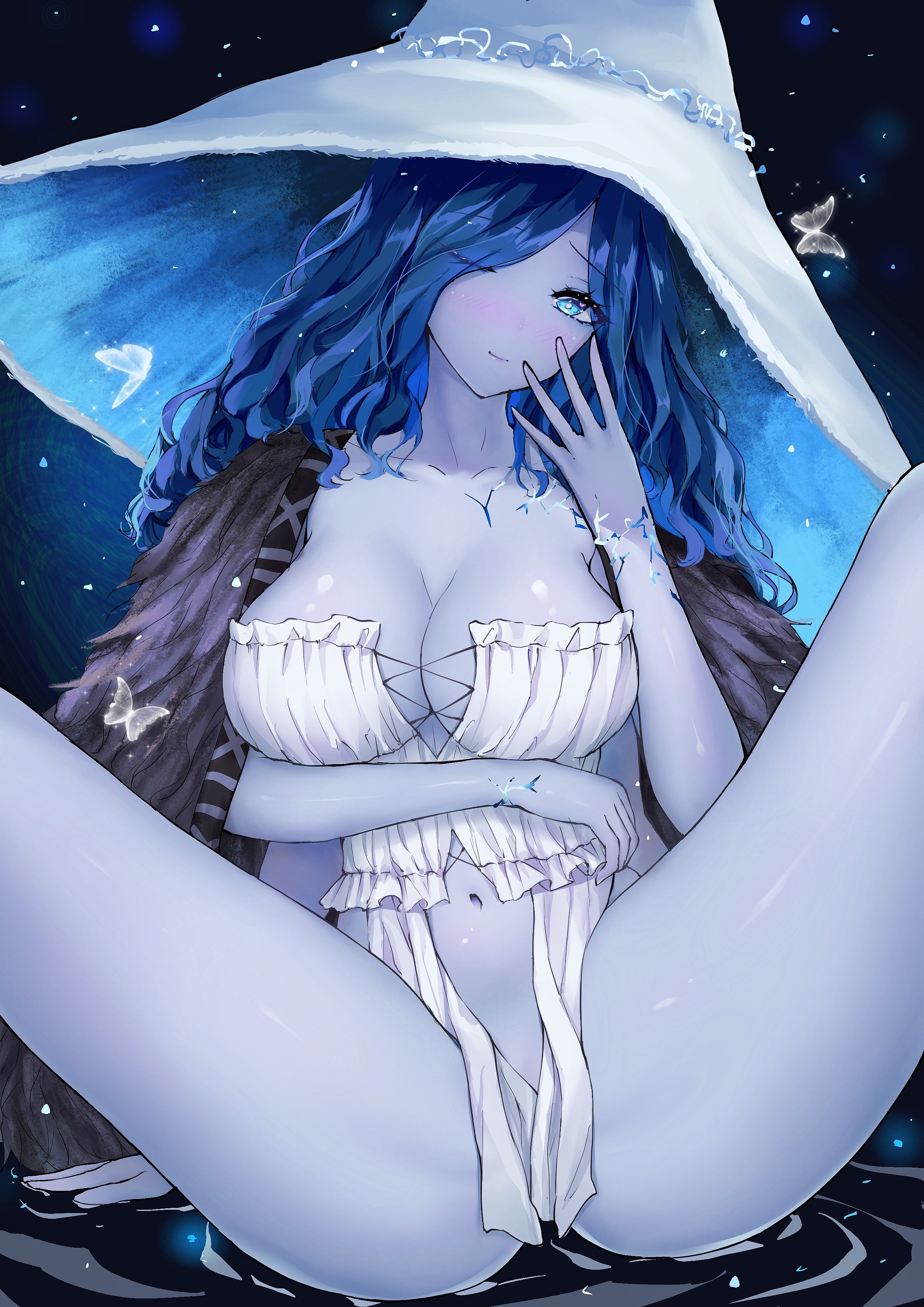 big breasts, blue eyes, blue hair, blue skin, blush, breasts, cape, cleavage, cracked skin, elden ring, female, female only, fromsoftware, fur cape, hotchampagne, long hair, looking at viewer, multi arm, multi limb, one eye closed, ranni the witch, smile, solo, spread legs, wavy hair, witch hat