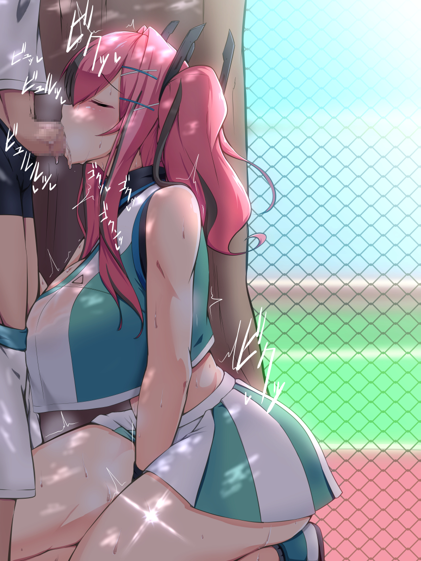 1boy azur_lane bangs between_legs black_male_underwear blowjob blush boxer_briefs breasts bremerton_(azur_lane) bremerton_(scorching-hot_training)_(azur_lane) censored chain-link_fence cleavage closed_eyes clothes_pull commentary_request cowboy_shot crop_top crop_top_overhang diffraction_spikes eyebrows_visible_through_hair fellatio female female_masturbation fence from_side green_shirt green_skirt grey_hair hair_between_eyes hair_ornament hairclip hand_between_legs huge_breasts kneeling large_breasts long_hair male male_underwear masturbating_during_fellatio masturbation midriff mosaic_censoring multicolored_hair oral out_of_frame penis pink_hair reta_su_gohan shade shirt shoes shorts shorts_pull sidelocks skirt sleeveless sleeveless_shirt sneakers solo_focus sportswear standing straight streaked_hair sweat tennis_court tennis_uniform tree twintails two-tone_hair two-tone_skirt underwear wet wet_clothes wet_shirt white_shirt white_skirt