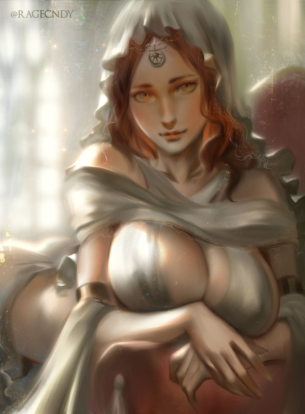 auburn_hair bare_shoulders big_breasts breast_rest breasts brown_eyes brown_hair circlet cleavage dark_souls detached_sleeves female female_only fromsoftware goddess orange_hair painting painting_(artwork) portrait queen_of_sunlight_gwynevere ragecndy smile solo tiara veil