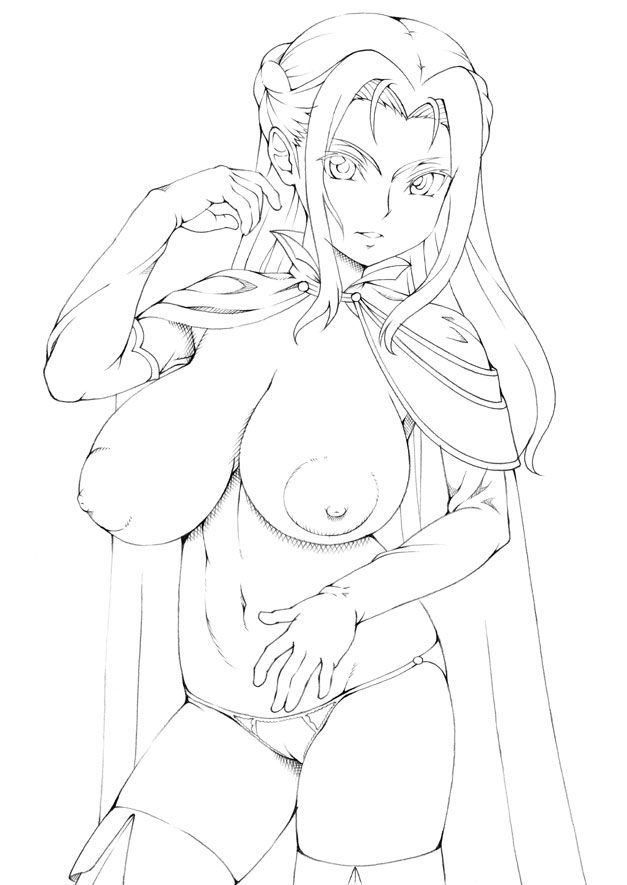 areolae breasts cape clothing code_geass cornelia_li_britannia elbow_gloves female gloves greyscale kasanui large_areolae large_breasts long_hair monochrome no_bra pantsu pointy_chin solo thighhighs underwear