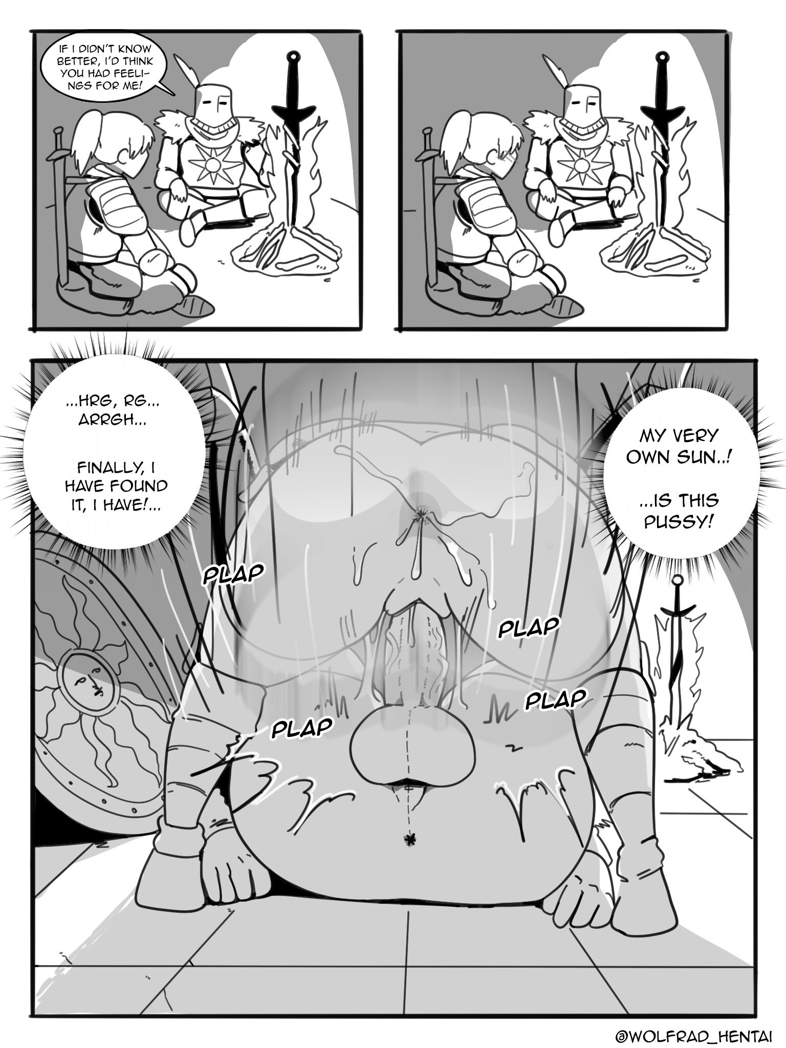 1boy, 1girls, 2020, amazonian mating press, anal juice, anus, ass, ass focus, balls, big ass, bodily fluids, chosen undead, comic, cute, dark souls, dialogue, english text, female, female on top, femdom, fromsoftware, hasselnut, helmet, instant loss 2koma, knight, light skin, light-skinned male, male, malesub, mating press, monster, motion blur, motion lines, penis, pussy, solaire of astora, sound effects, text, uncensored, vaginal penetration, vaginal sex, veiny penis, wolfgang bang