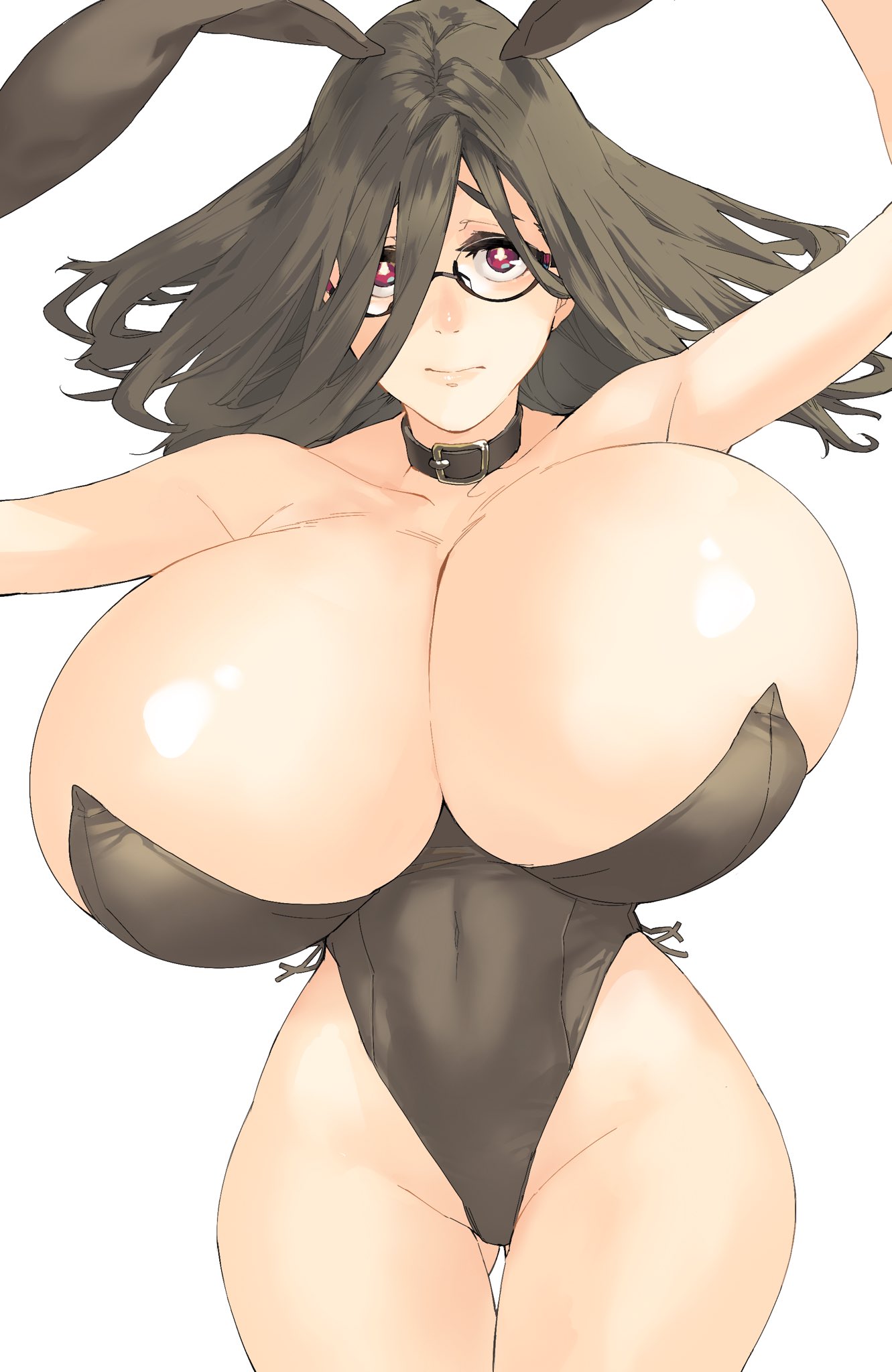 almost_naked bakunyuu breast_bigger_than_head breast_squish bunny_ears bunny_girl bunnysuit choker female glasses huge_breasts laying_down long_hair massive_breasts muneneko pale-skinned_female red_eyes small_clothes suika_(muneneko)