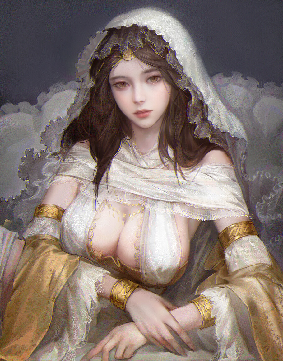big breasts, breasts, brown eyes, brown hair, circlet, cleavage, dark souls, detached sleeves, detailed, female, female only, fromsoftware, gold (metal), jewelry, jiwen, kem1888, lace, lace trim, long hair, looking at viewer, necklace, painting, painting (artwork), queen of sunlight gwynevere, realistic, reclining, sideboob, solo, tiara, veil