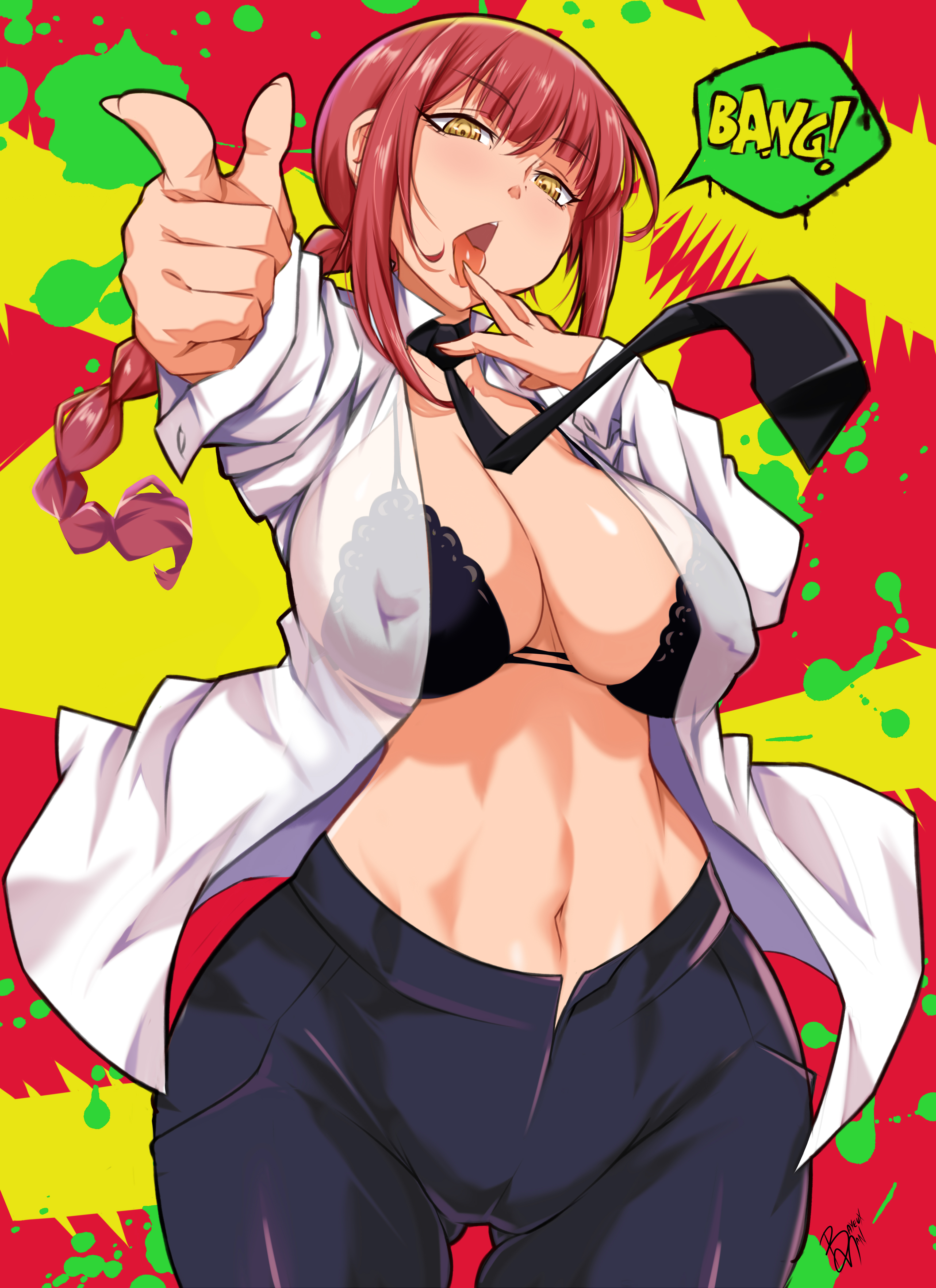 1girls, absurd res, bayeuxman, black bra, black pants, black underwear, bra, braid, chainsaw man, clothing, collared shirt, curvaceous, curves, curvy body, curvy female, curvy figure, feet out of frame, female, female only, hi res, long hair, looking at viewer, makima (chainsaw man), open clothes, open shirt, pants, red hair, ringed eyes, shirt, single braid, solo, solo female, standing, thick thighs, thighs, tied hair, underwear, voluptuous, white shirt, wide hips, yellow eyes