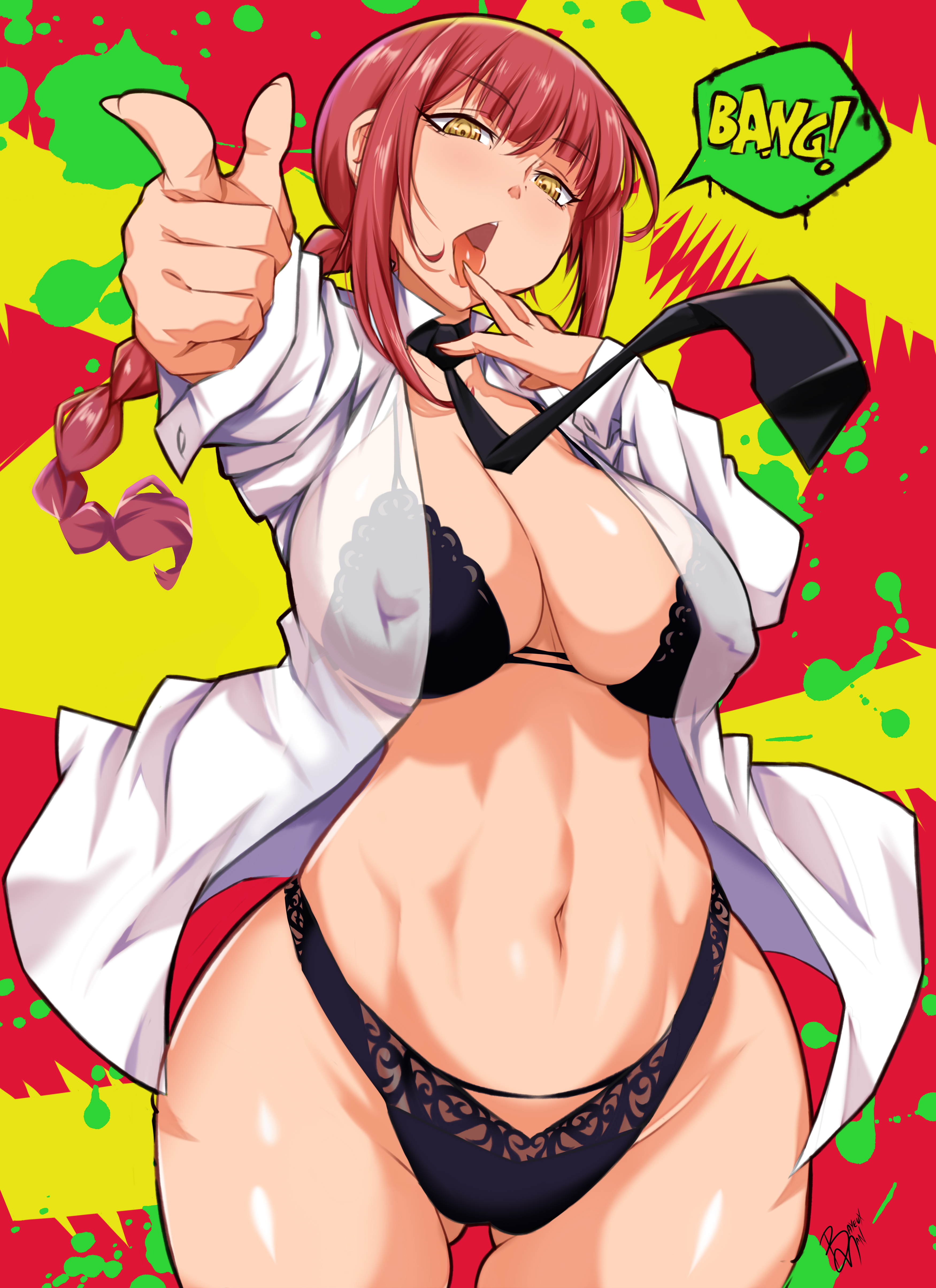 1girls, absurd res, bayeuxman, black bra, black panties, black underwear, bra, braid, chainsaw man, clothing, collared shirt, curvaceous, curves, curvy body, curvy female, curvy figure, feet out of frame, female, female only, hi res, long hair, looking at viewer, makima (chainsaw man), open clothes, open shirt, panties, red hair, ringed eyes, shirt, single braid, solo, solo female, standing, thick thighs, thighs, tied hair, underwear, voluptuous, white shirt, wide hips, yellow eyes