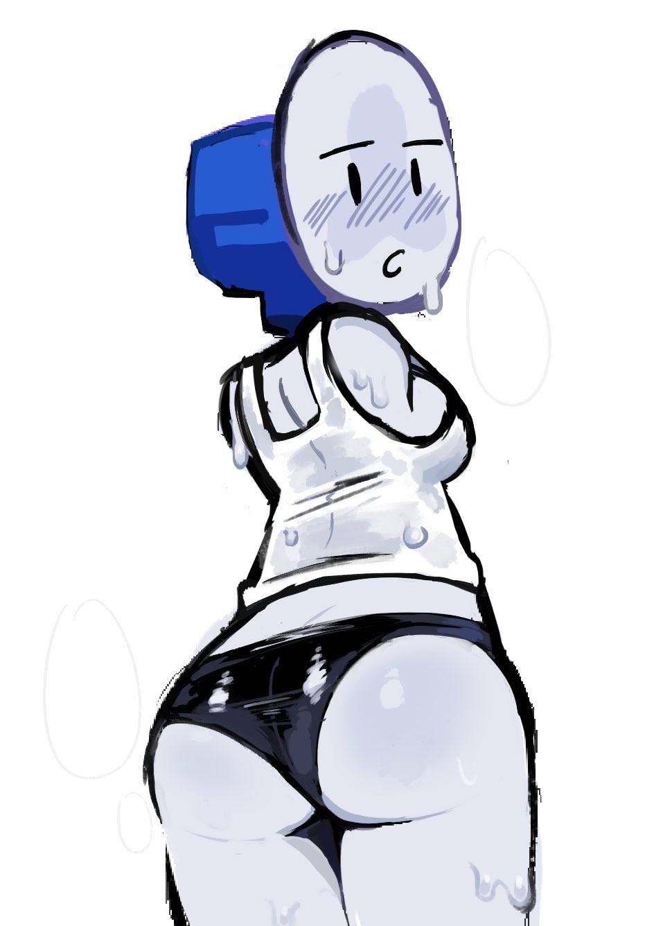 1girls, after workout, armless, ass, battle for dream island, big ass, blush, fanny (bfdi), female, female only, kint, looking at viewer, looking back, low-angle view, mob face, no arms, object head, object shows, see-through clothing, shiny clothes, shorts, solo, sweat, sweating, sweaty, tank top, white background