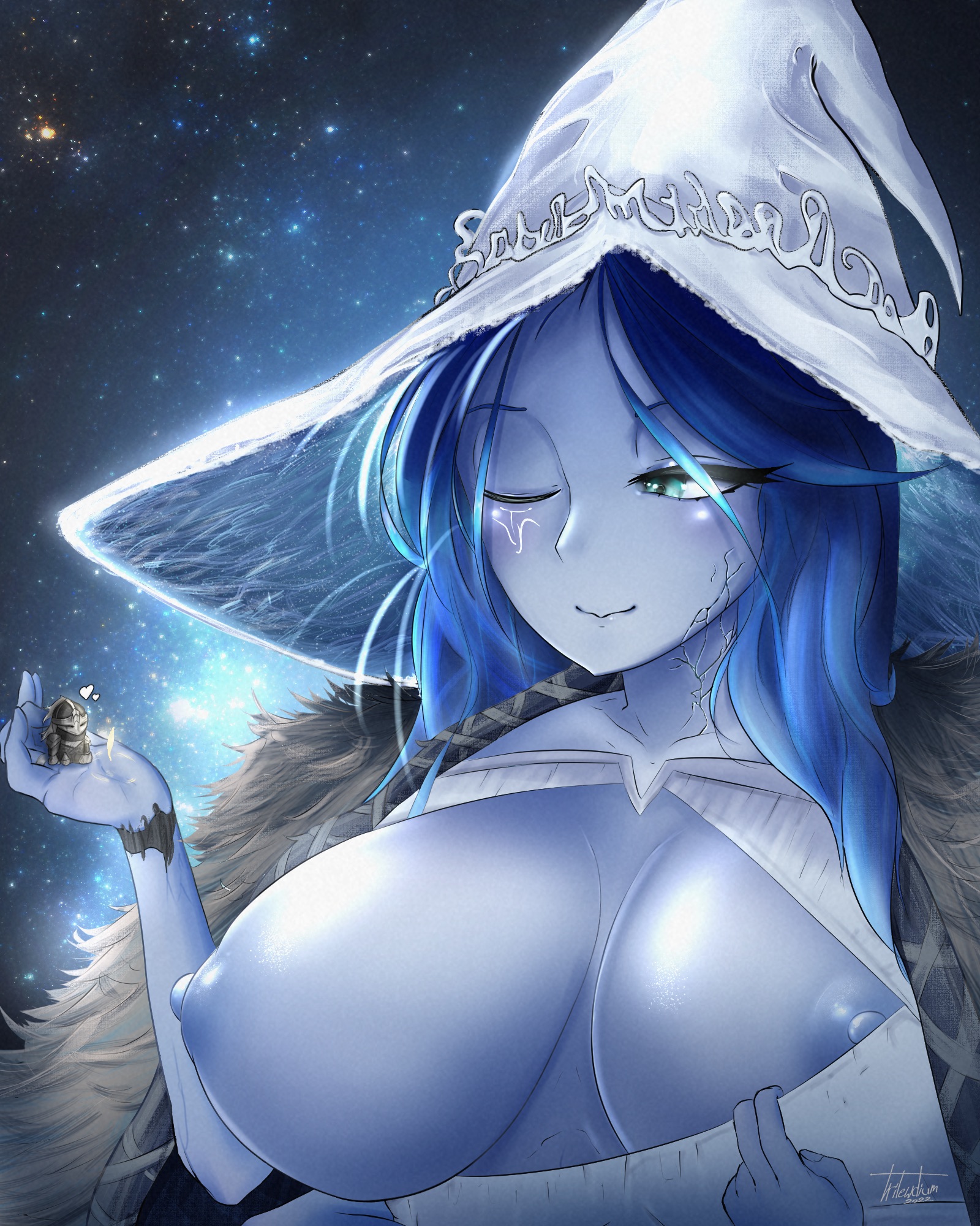 big breasts, blue eyes, blue hair, blue nipples, blue skin, breasts, breasts out, cracked skin, elden ring, female, female focus, fromsoftware, gello, giantess, huge breasts, larger female, long hair, looking at another, male, no bra, one eye closed, ranni the witch, size difference, smaller male, smile, tarnished, trilewdium, upper body, witch hat