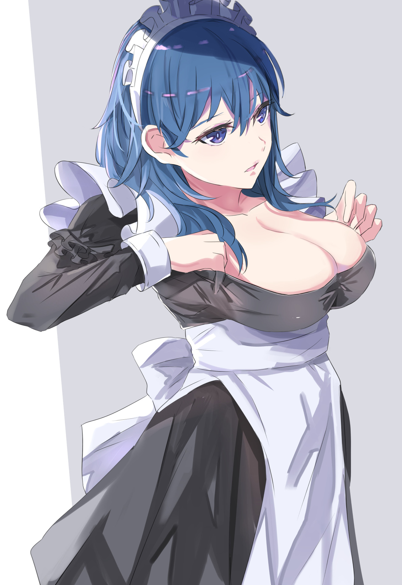 1girls, alternate costume, blue eyes, blue hair, breasts, byleth (fire emblem), byleth (fire emblem) (female), cleavage, commentary request, female, female only, fire emblem, fire emblem: three houses, grey background, highres, large breasts, long sleeves, maid, maid headdress, maid uniform, nintendo, simple background, solo, tomas (kaosu22)
