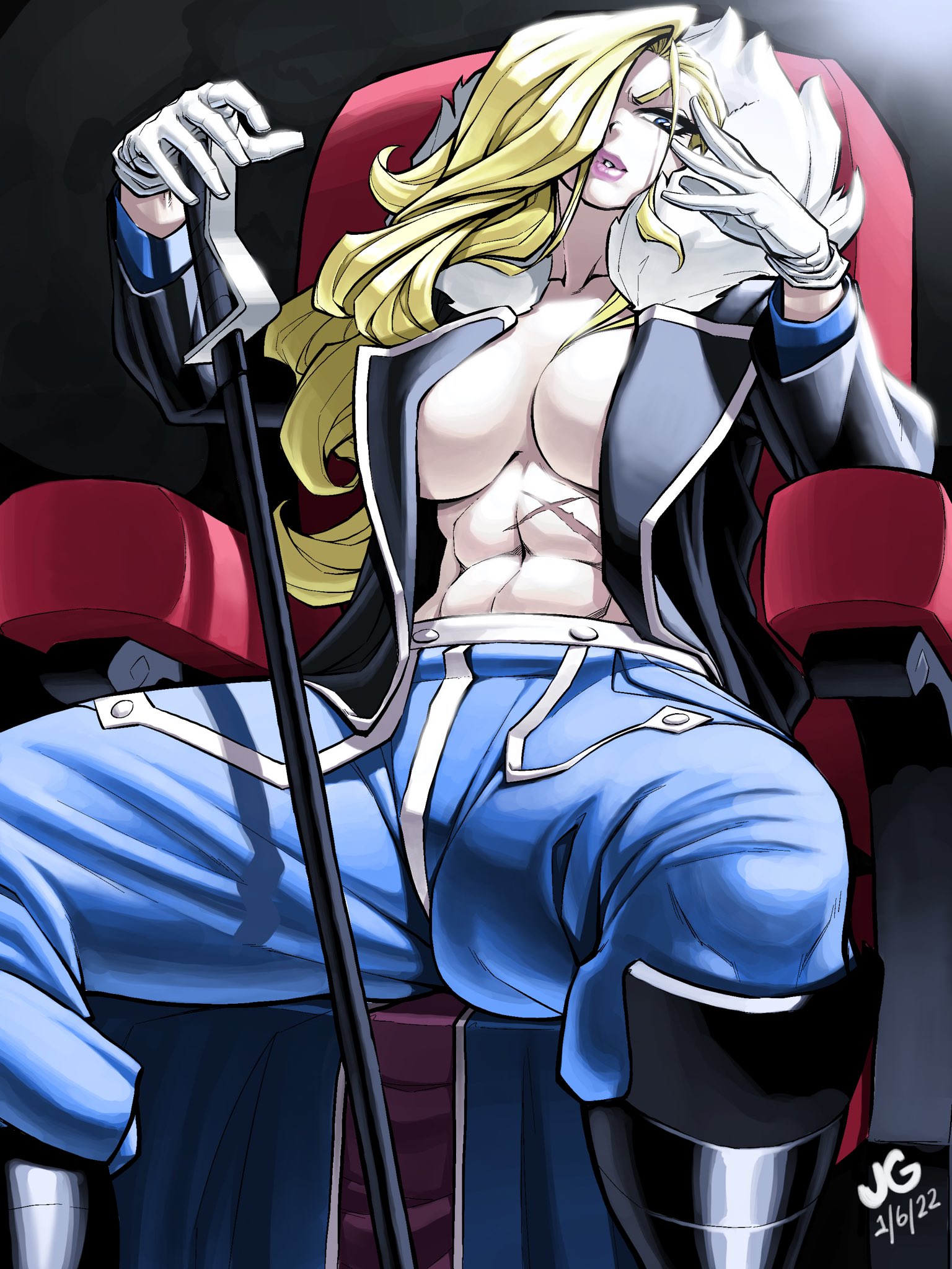1girls, abs, amestris military uniform, big breasts, blonde hair, blue eyes, breasts, female, fullmetal alchemist, jgeorgedrawz, military uniform, mostly clothed, olivier mira armstrong, open jacket, pale skin, scar, shirtless, solo, solo female, sword