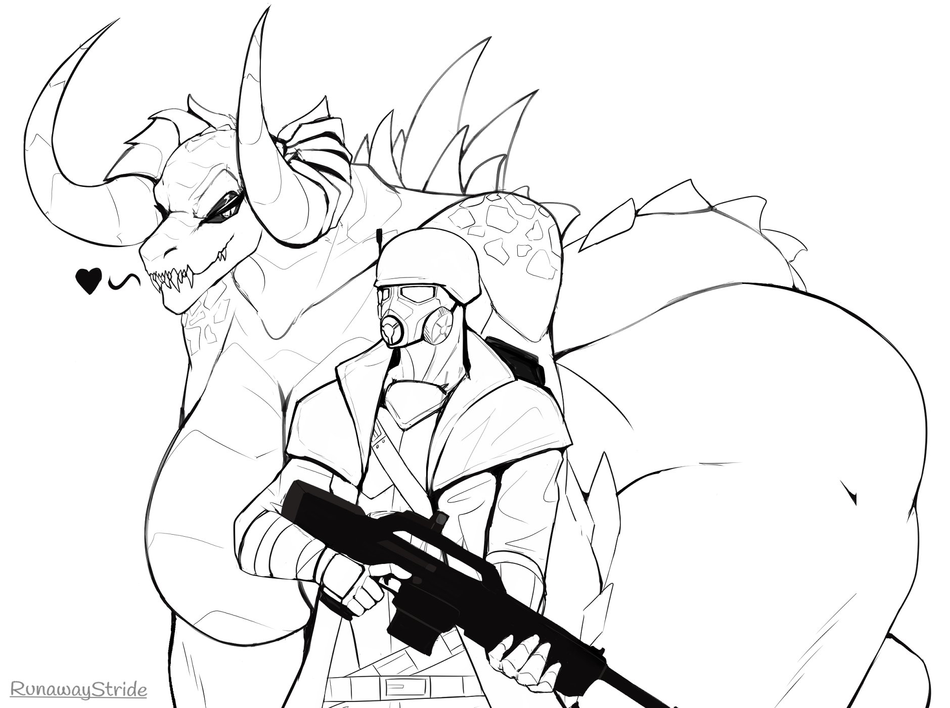deathclaw, fallout, fallout new vegas, female, female deathclaw, monochrome, monster, muscular, muscular female, ncr ranger (fallout), runawaystride