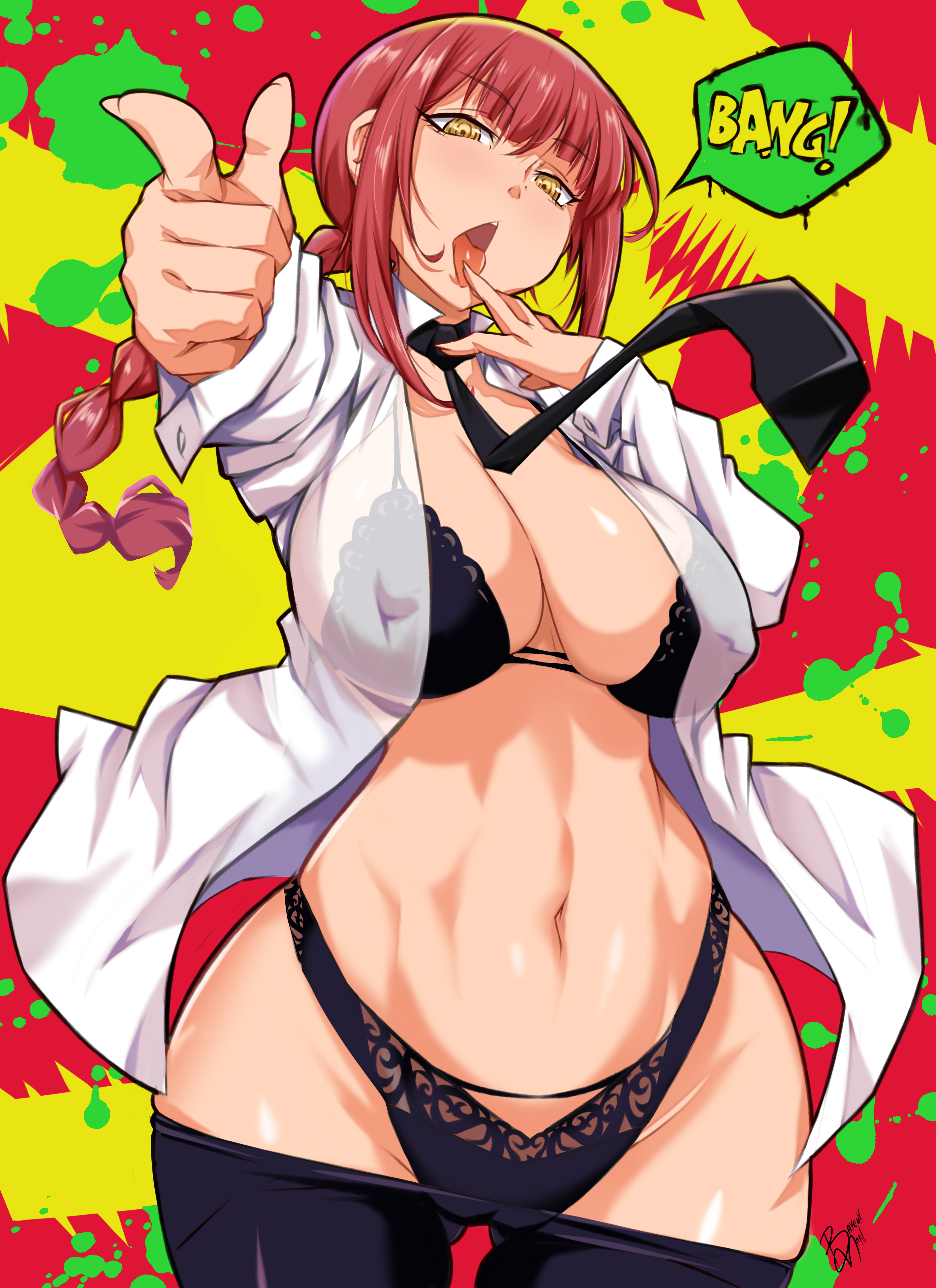 1girls, absurd res, bayeuxman, black bra, black panties, black underwear, bra, braid, chainsaw man, clothing, collared shirt, curvaceous, curves, curvy body, curvy female, curvy figure, feet out of frame, female, female only, hi res, long hair, looking at viewer, makima (chainsaw man), open clothes, open shirt, panties, red hair, ringed eyes, shirt, single braid, solo, solo female, standing, thick thighs, thighs, tied hair, underwear, voluptuous, white shirt, wide hips, yellow eyes