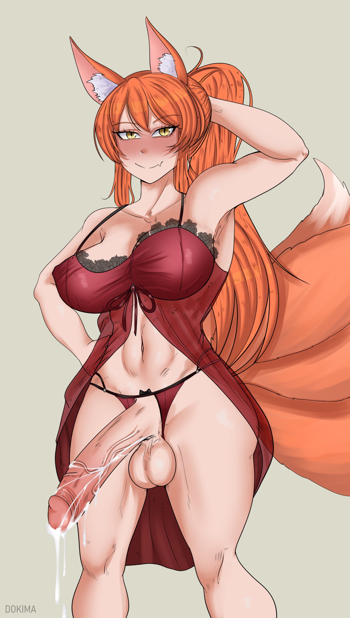 1futa, 2022, alternate version at source, alternate version available, animal ears, arm up, balls, big breasts, big penis, bottomless, breasts, clothed, clothing, cum, cum on penis, dokima, dress, erection, female, fox, fox ears, fox girl, fox tail, futa only, futanari, huge breasts, huge cock, humanoid, humanoid penis, intersex, kemonomimi, light skin, light-skinned futa, long hair, orange hair, partially clothed, penis, solo, standing