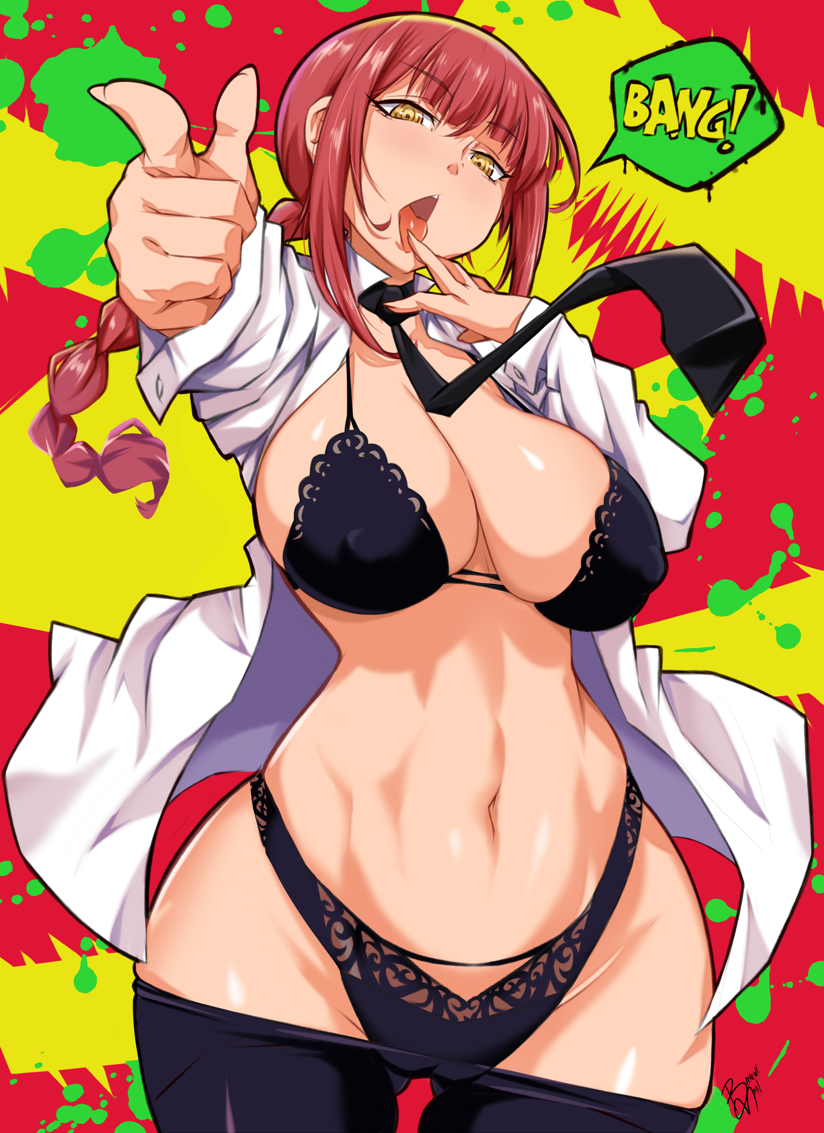 1girls, absurd res, bayeuxman, black bra, black panties, black underwear, bra, braid, chainsaw man, clothing, collared shirt, curvaceous, curves, curvy body, curvy female, curvy figure, feet out of frame, female, female only, hi res, long hair, looking at viewer, makima (chainsaw man), open clothes, open shirt, panties, red hair, ringed eyes, shirt, single braid, solo, solo female, standing, thick thighs, thighs, tied hair, underwear, voluptuous, white shirt, wide hips, yellow eyes