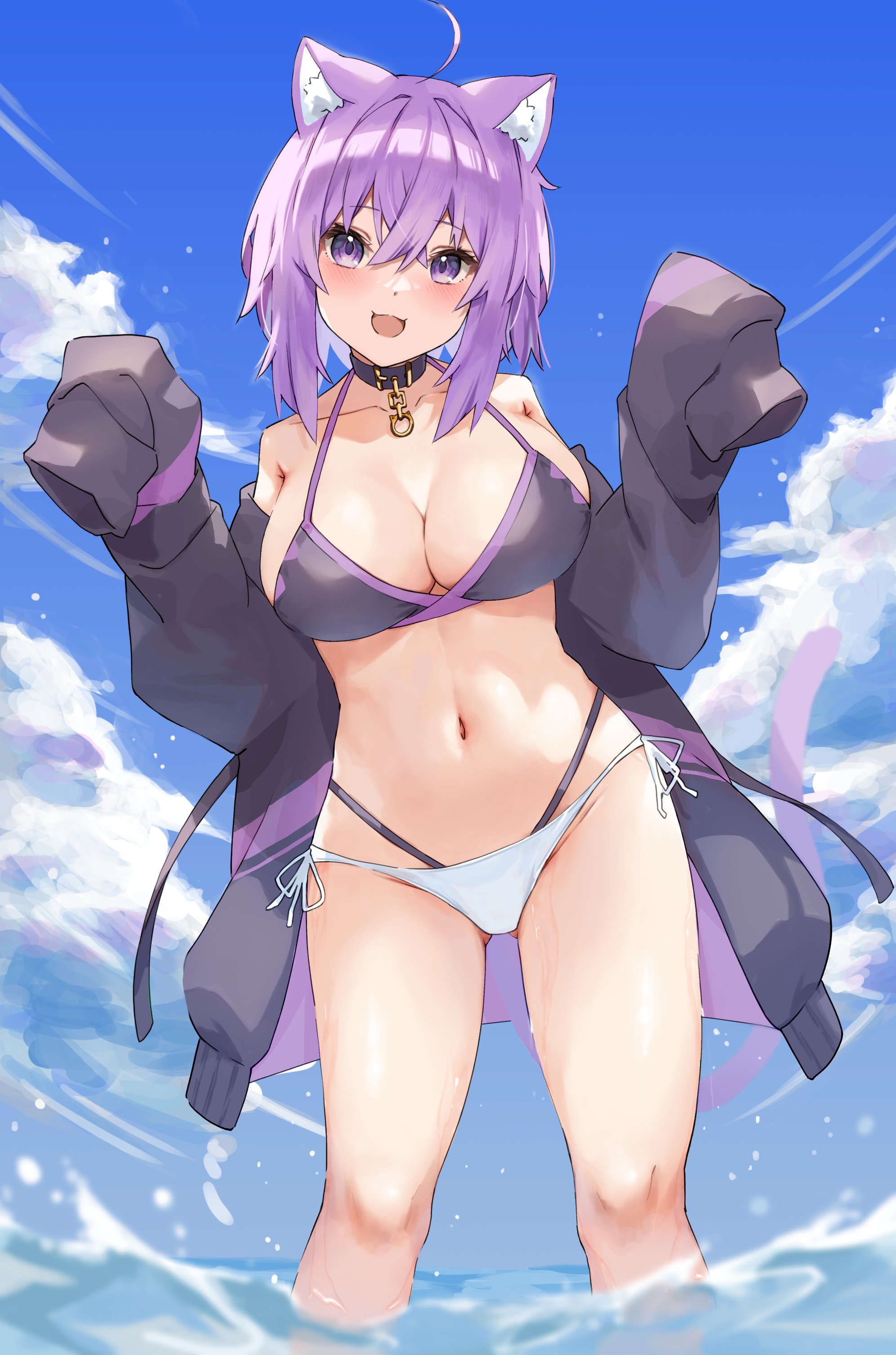 artist request, big breasts, bikini, breasts, cat girl, catgirl, female, hi res, hololive, hololive gamers, hololive japan, hoodie, nekomata okayu, source request, virtual youtuber