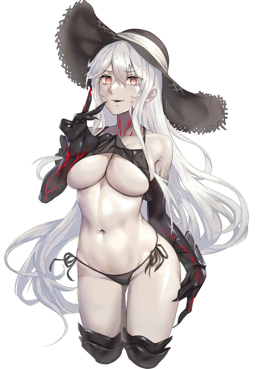 1girls abyssal_ship aircraft_carrier_hime bikini black_bikini black_headwear breasts collarbone colored_skin cropped_legs eyebrows_visible_through_hair female female_focus female_only frilled_bikini frills gauntlets hair_between_eyes hat highres kantai_collection kokuzou large_breasts long_hair navel open_mouth red_eyes shinkaisei-kan simple_background solo solo_female solo_focus sun_hat swimsuit underboob white_background white_hair white_skin