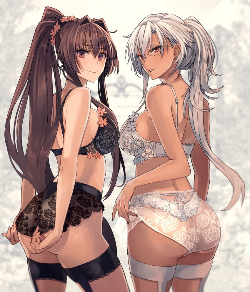 2girls adjusting_clothes ass bangs black_bra black_nails black_panties bra brown_hair dark-skinned_female dark_skin eyebrows_visible_through_hair from_behind glasses highres kantai_collection kasumi_(skchkko) lingerie long_hair looking_at_viewer looking_back multiple_girls musashi_(kantai_collection) musashi_kai_ni_(kantai_collection) nail_polish panties parted_lips ponytail red_eyes simple_background smile thighhighs underbutt underwear white_bra white_hair white_panties yamato_(kantai_collection)